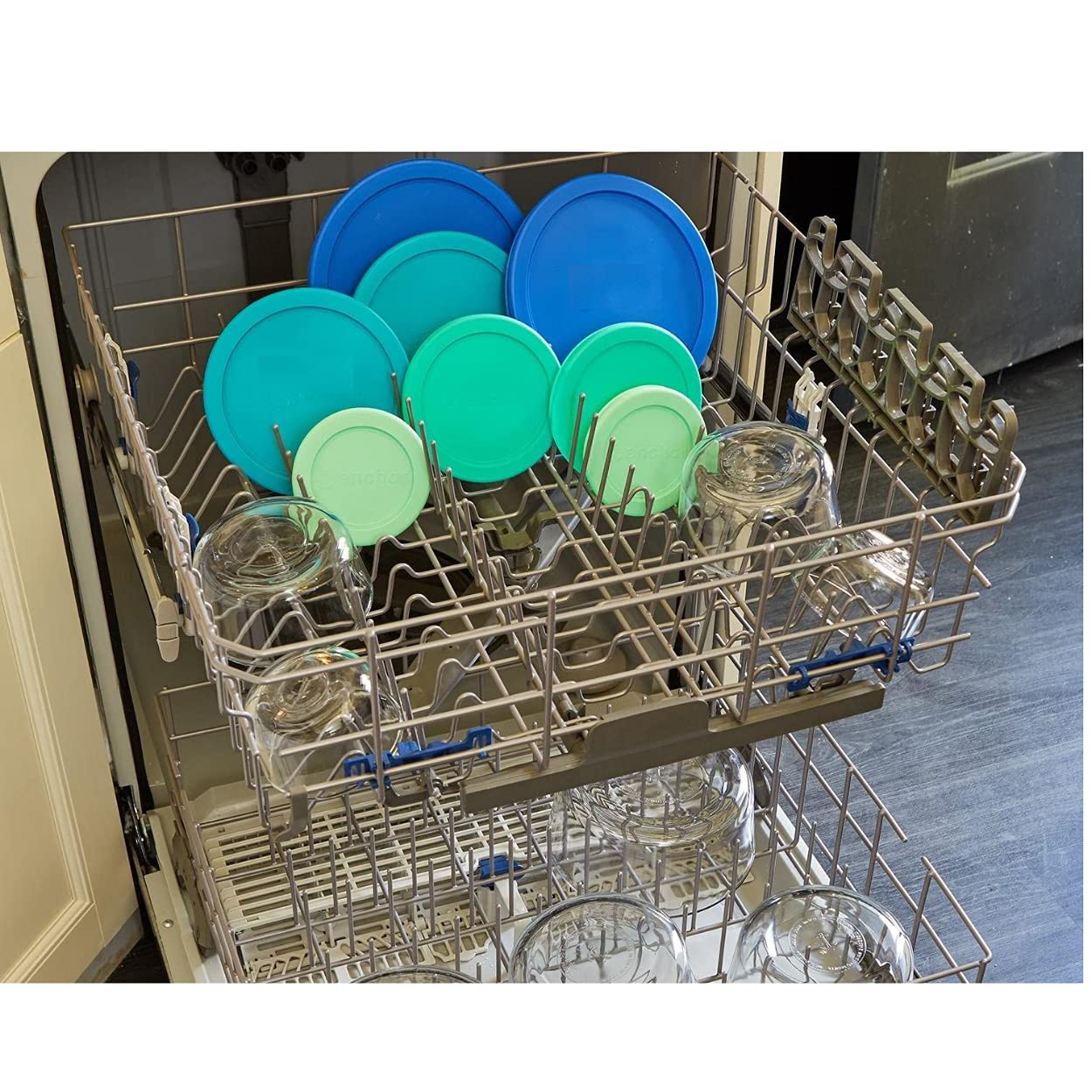 Pyrex and Anchor Round Glass Container Lids (4-Cup, Green, 4-Pack) - Airtight Food Storage for Meal Prep, Leftovers & Pantry Organization