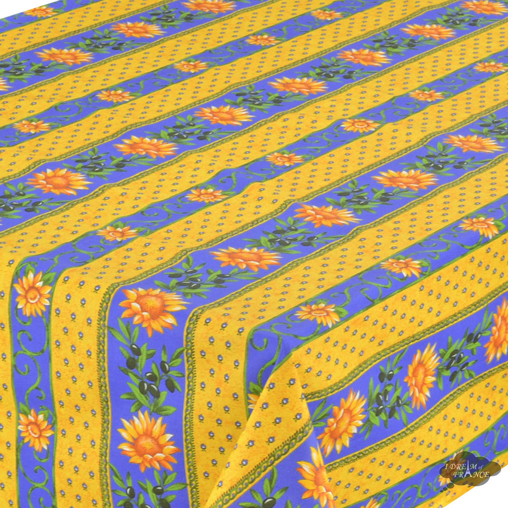 Le Cluny 60x108 Inch Blue Sunflower Provence Tablecloth - Acrylic Coated Cotton Rectangular Table Cover for Dining Room, Kitchen, and Outdoor Picnics