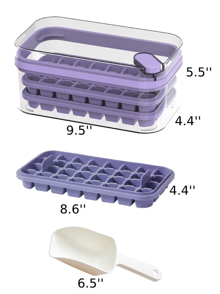 2 Pack Purple Ice Cube Tray Set with Lid & Storage Bin - 64 Ice Cube Molds for Perfect Cocktails, Smoothies & Party Drinks - BPA Free Freezer Tray for Home, Bar & Office Use