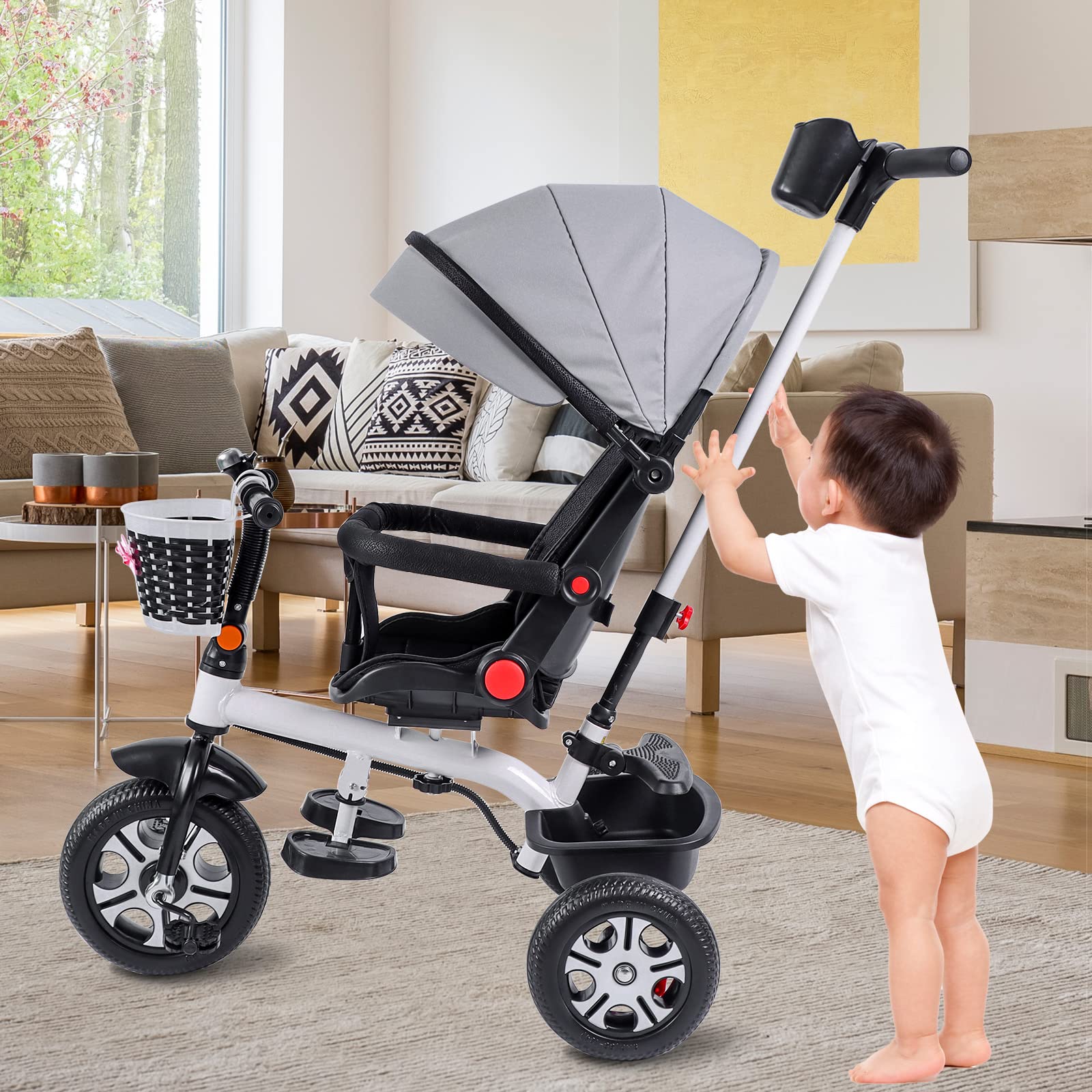 6-in-1 Baby Tricycle with Guardrail & Rotatable Seat - Adjustable Push Handle Stroller for Toddlers Boys & Girls - Perfect for Outdoor Play, Park Rides & Birthday Gifts
