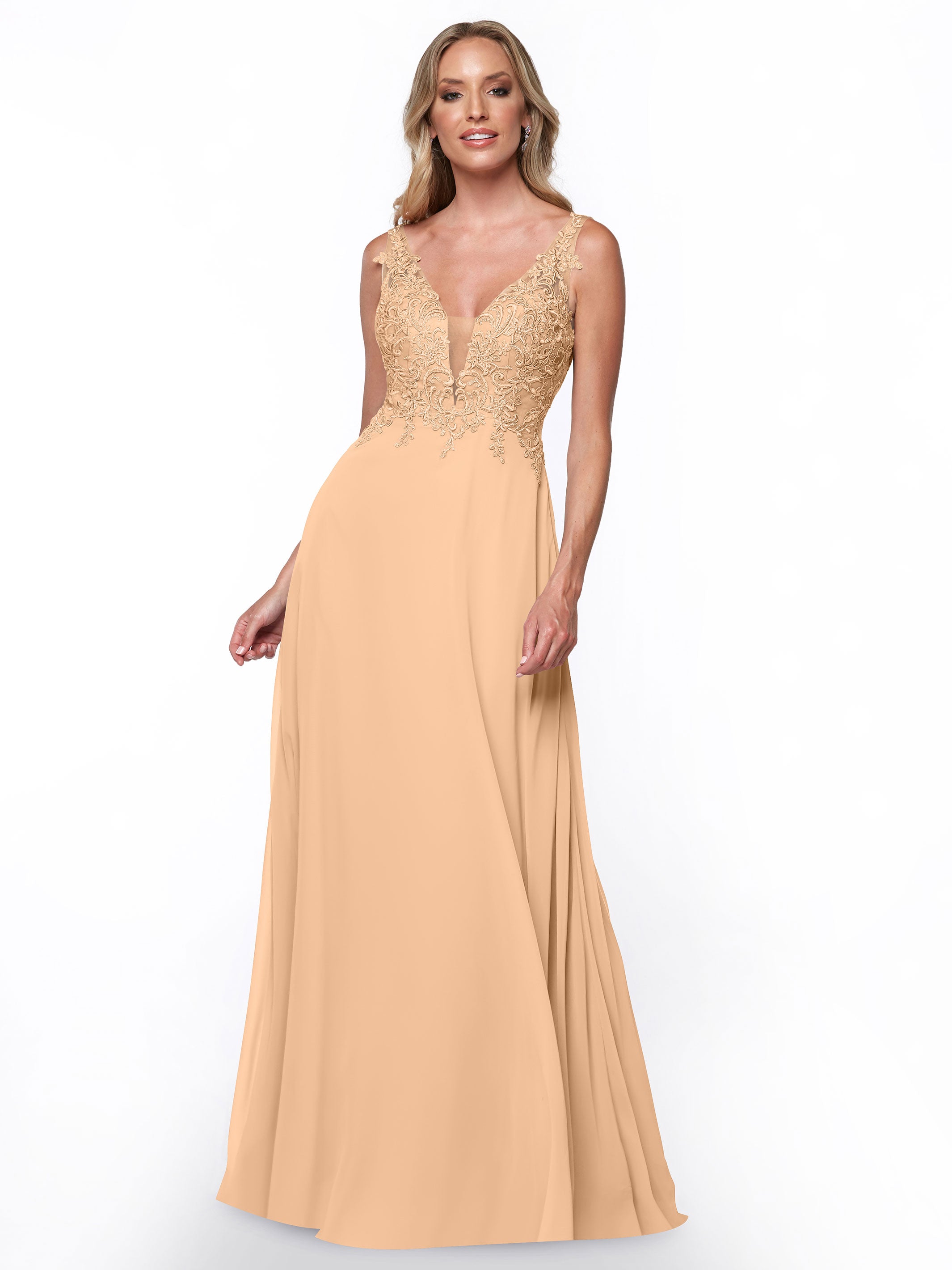 Elegant 80128 Plunging Lace and Chiffon A-Line Bridesmaid Dress - Perfect for Weddings, Formal Events & Evening Parties