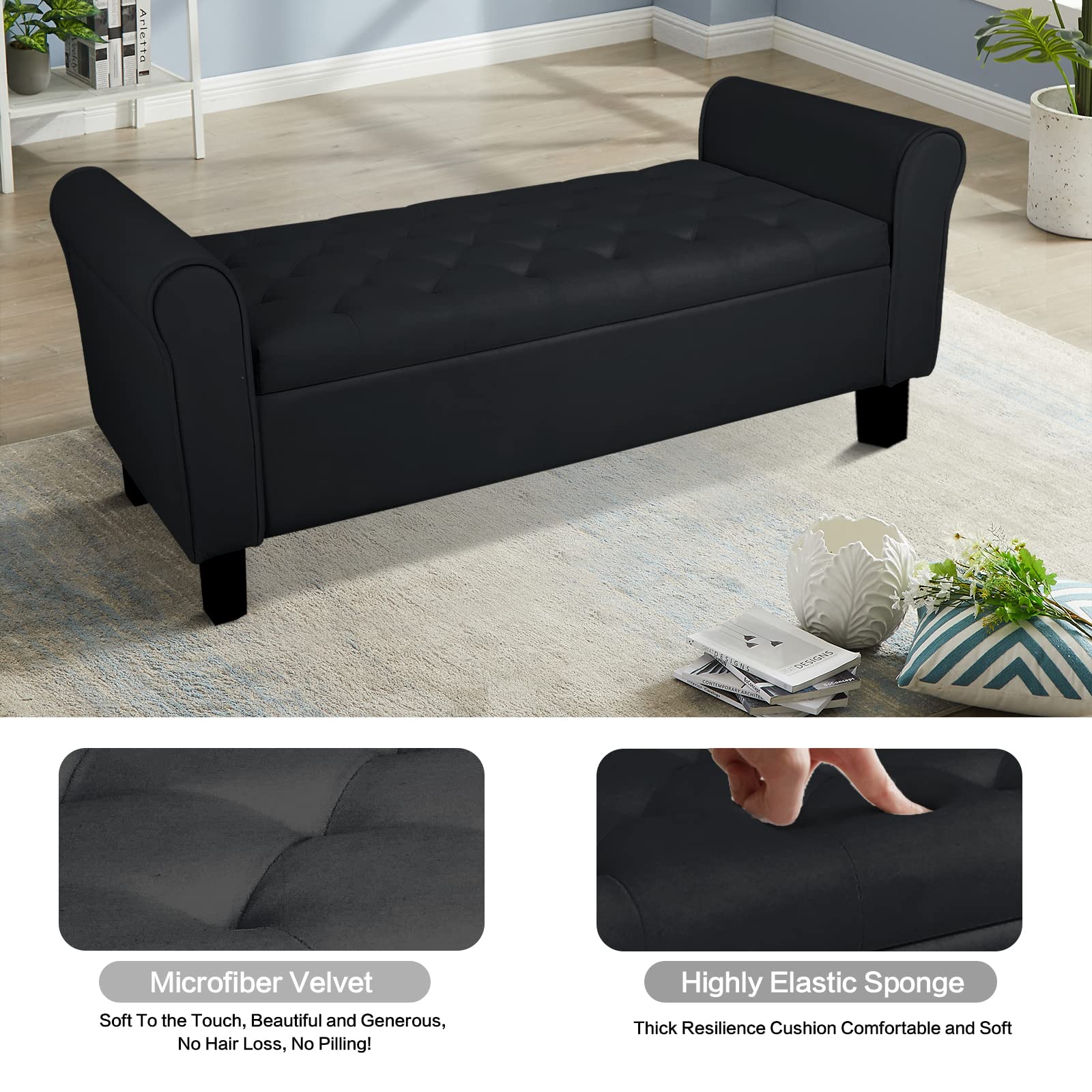 Velvet Storage Ottoman Bench with Arms - Black Button Tufted Footrest Seat for Bedroom, Entryway & Hallway | Multi-Functional Storage Bench for Living Room, Dorm & Home Decor (Black)