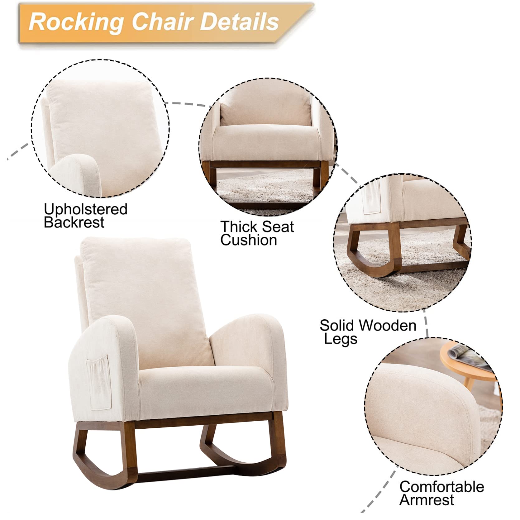 SSLine Upholstered Rocking Chair - Modern Fabric Rocking Armchair with Comfortable Cushion for Nursery, Living Room, Bedroom, Study & Office | Relaxing Lounge Chair for Reading, Nursing & Meditation (Beige)