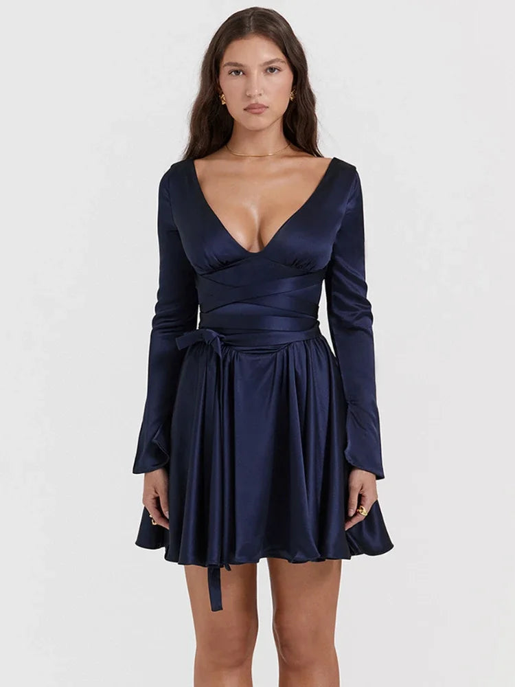 Women's Navy Blue Long Sleeve V-Neck A-Line Mini Dress with Belt | Fall Winter Casual Dress for Work, Date Night & Holiday Parties