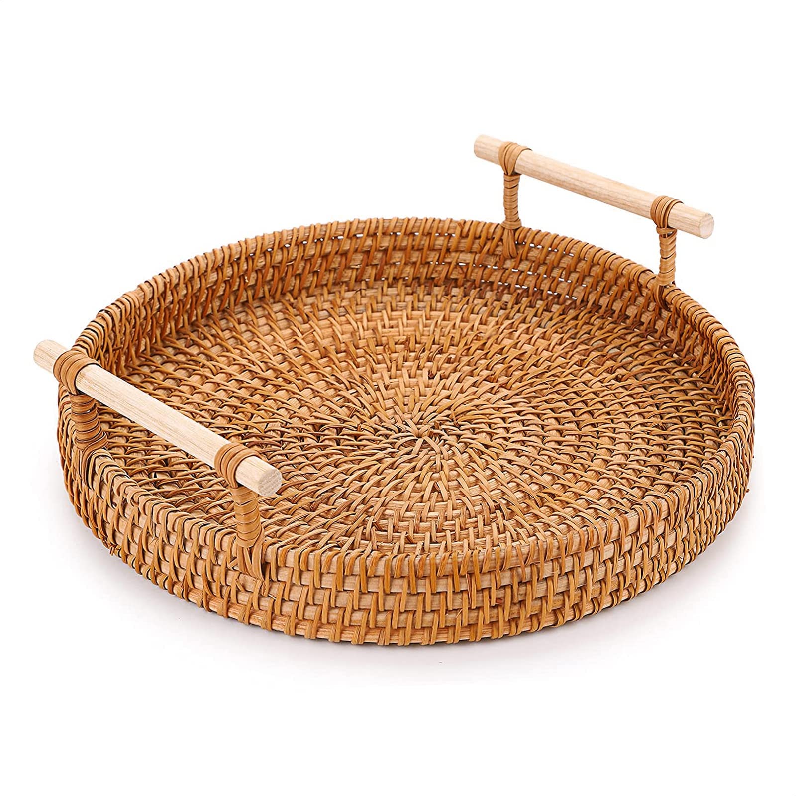 8.7-Inch Round Rattan Serving Tray - Woven Wicker Decorative Tray for Coffee Table, Bread, Fruit & Vegetables | Perfect for Home Decor, Restaurants & Entertaining