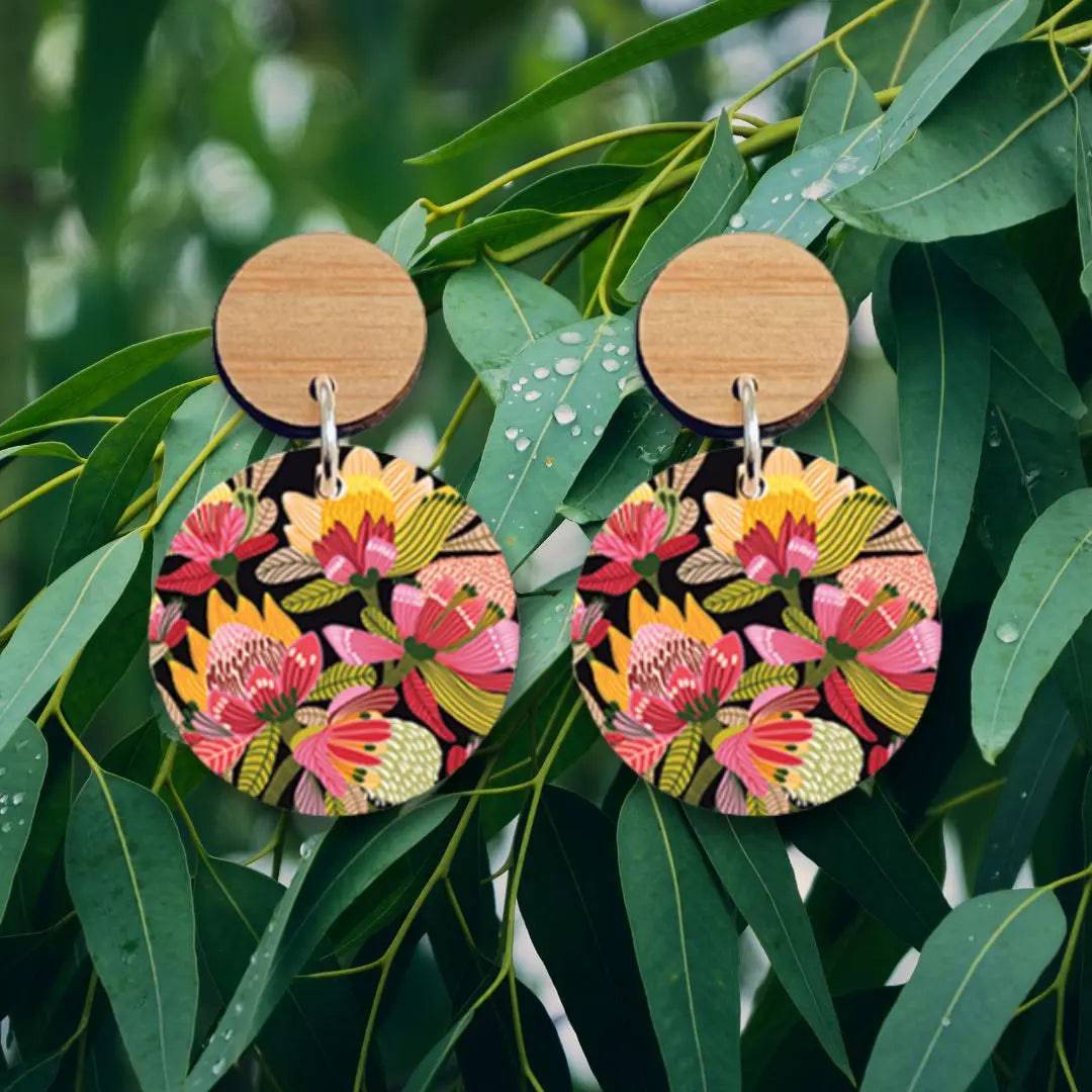 Wild Proteas Australian Wooden Earrings - Handmade Boho Dangle Earrings for Women - Perfect for Festivals, Weddings & Boho Fashion