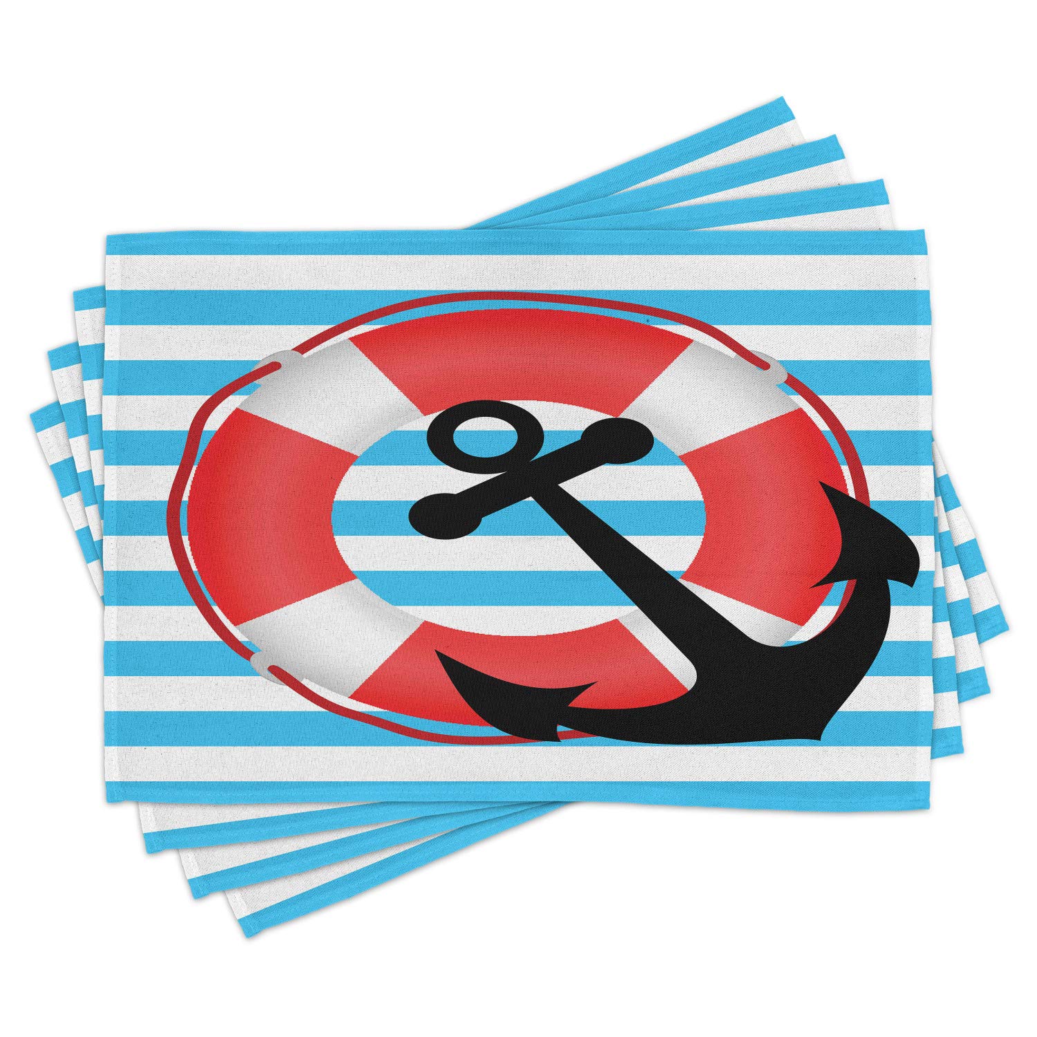 Ambesonne 4-Piece Anchor Placemats Set - Blue Striped Nautical Design with Life & Anchor Motif - Washable Fabric Table Mats for Dining Room - Standard Size (Sky Blue, Red, Black) - Perfect for Beach House Decor, Coastal Theme Dining, and Nautical Kitchen Accessories