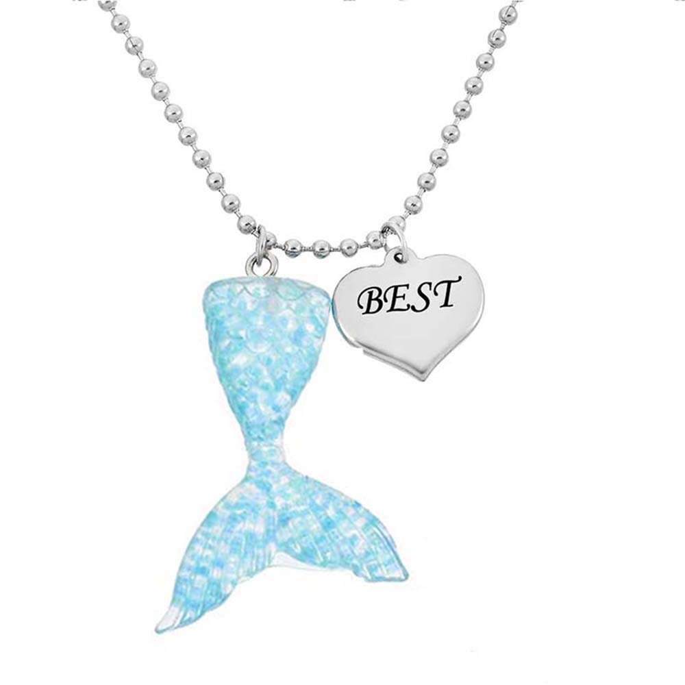 Best Friends Necklaces for 2 - Cute Blue & Gold Mermaid Tail Pendant with Silver Heart Charms, Engraved Friendship Jewelry Gift for BFFs - Perfect for Birthdays, Anniversaries & Matching Sister Jewelry