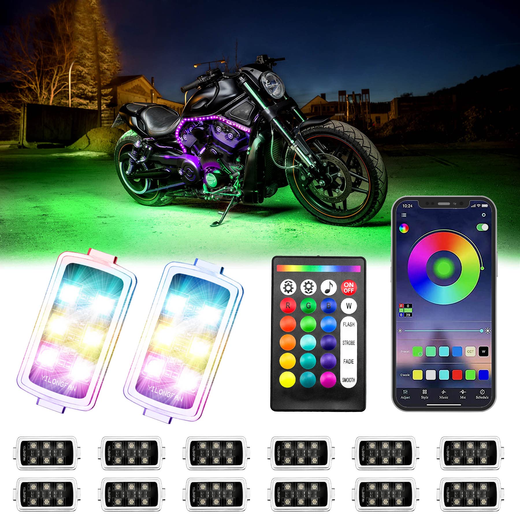 12Pcs Motorcycle RGB LED Light Kit - 7.5ft Smart Color Changing Strip Lights with Music Sync & APP Control for Cars, ATV, UTV (12V DC, Wireless Remote) - Perfect for Night Rides, Off-Road Adventures & Custom Vehicle Lighting