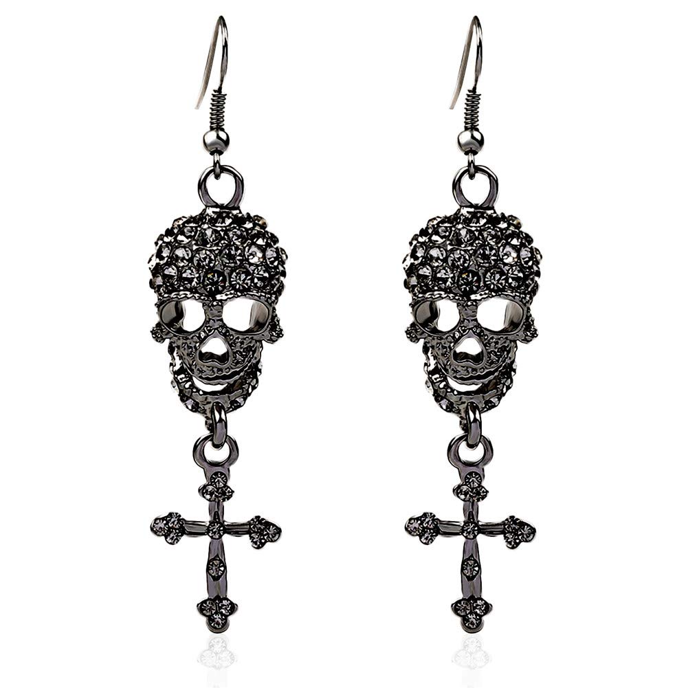 EVBEA Women's Drop Dangle Earrings - Skull Design with Cubic Zirconia CZ Studs - Stylish Pierced Jewelry Gift for Girls & Ladies | Perfect for Parties, Halloween & Gothic Fashion Accessories