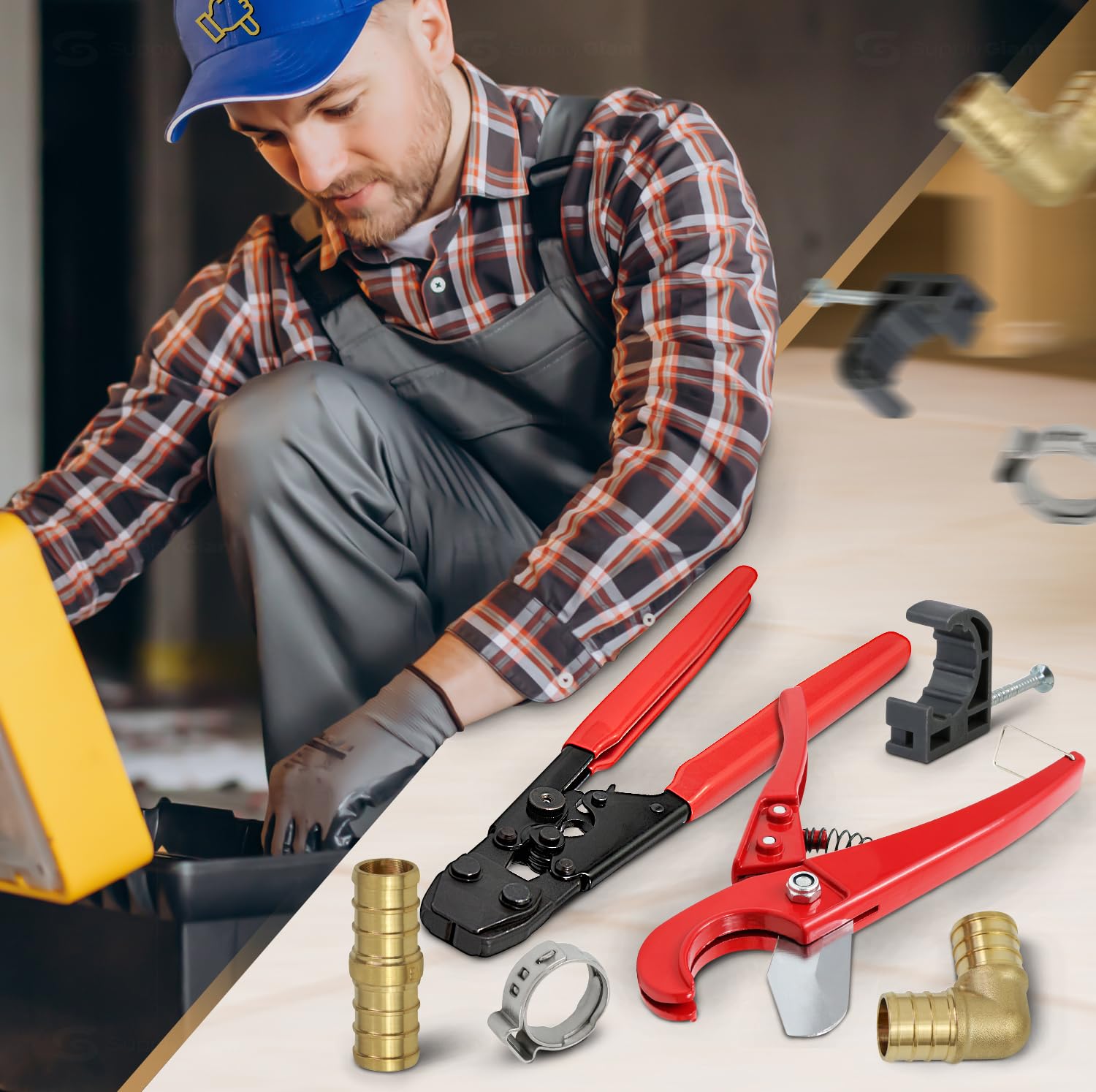Professional Plumbing Kit with Crimper Tool, Cutter, Brass Fittings & Clamps - 1/2