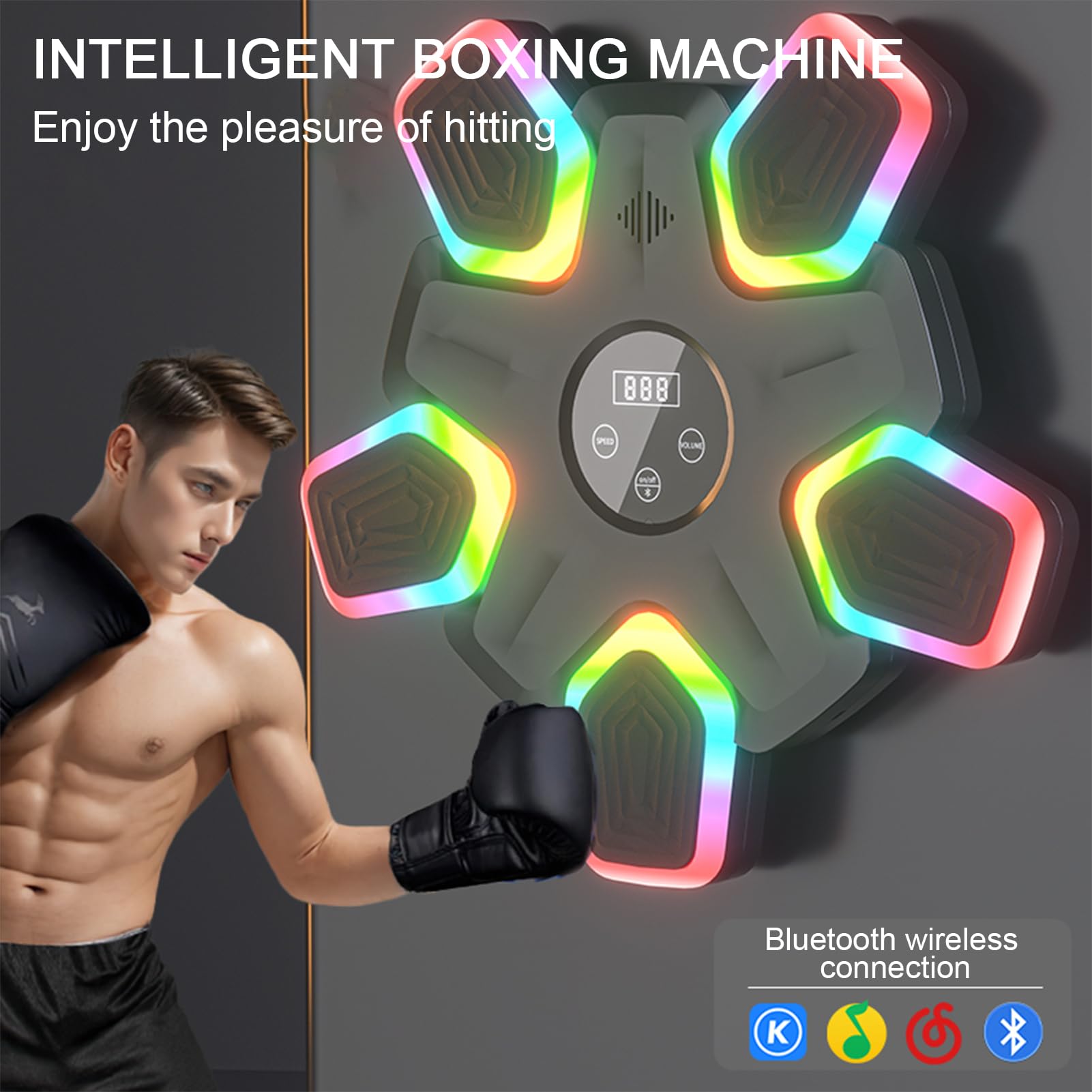 Music Punching Machine with Boxing Gloves - 17 Inch LED Boxing Workout Equipment for Adults & Kids, Wall Mounted Home & Gym Exercise Equipment with Colorful Lights | Perfect for Fitness Training, Stress Relief & Fun Family Activities