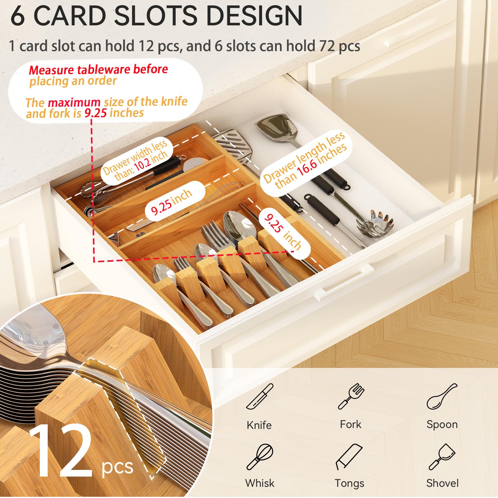 Yofidra Pure Bamboo Silverware Drawer Organizer - 16.5 Inch Large Utensil Tray with 3 Compartments & 6 Card Slots | Kitchen Flatware Organizer for Spoons, Forks, Knives | 2024 Upgraded Design | Perfect for Home, Restaurant & Office Organization