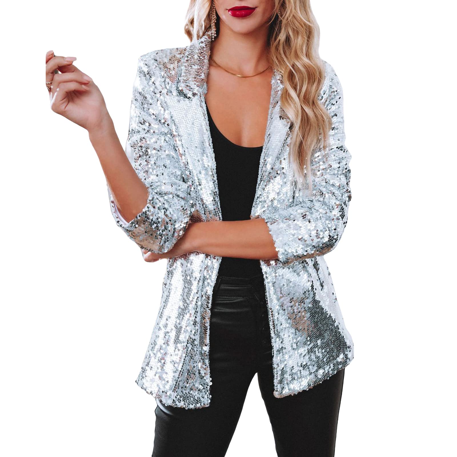 Sparkly Sequin Bomber Jacket for Women - Glitter Long Sleeve Lapel Open Front Blazer Coat | Perfect for Clubwear, Night Out, Party & Special Occasions