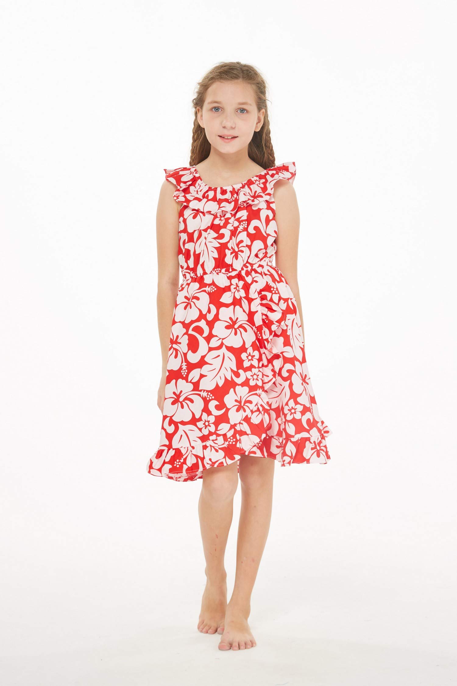 **Luau Wrap Ruffle Dress for Girls - Classic Red Hibiscus Print - Perfect for Hawaiian Parties, Beach Vacations & Summer Outfits**