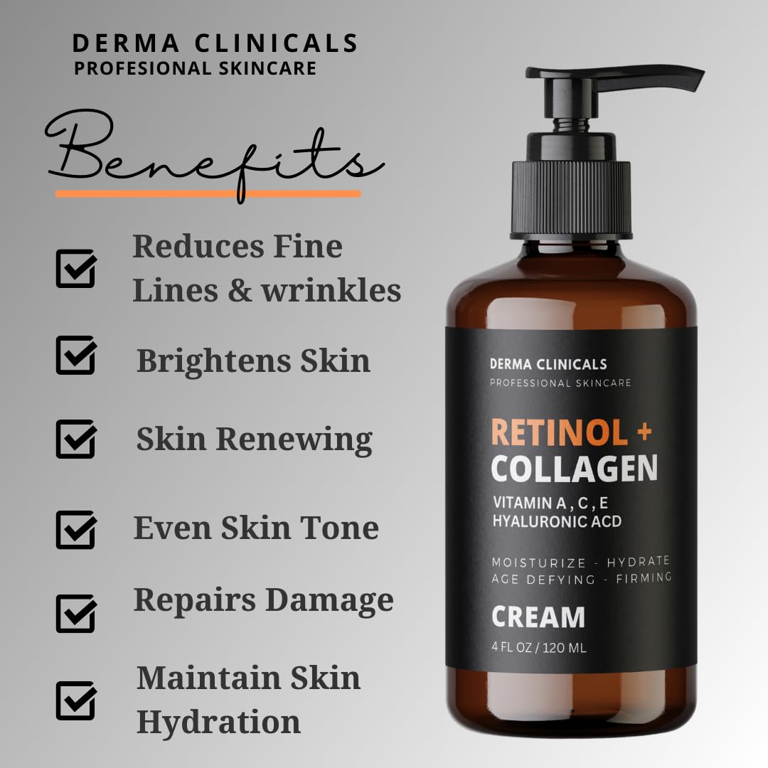 Retinol + Collagen Anti-Aging Face Cream with Hyaluronic Acid & Vitamin C - Day & Night Moisturizer for Wrinkles & Firming - 4oz - Perfect for Daily Skincare Routine & Anti-Wrinkle Treatment