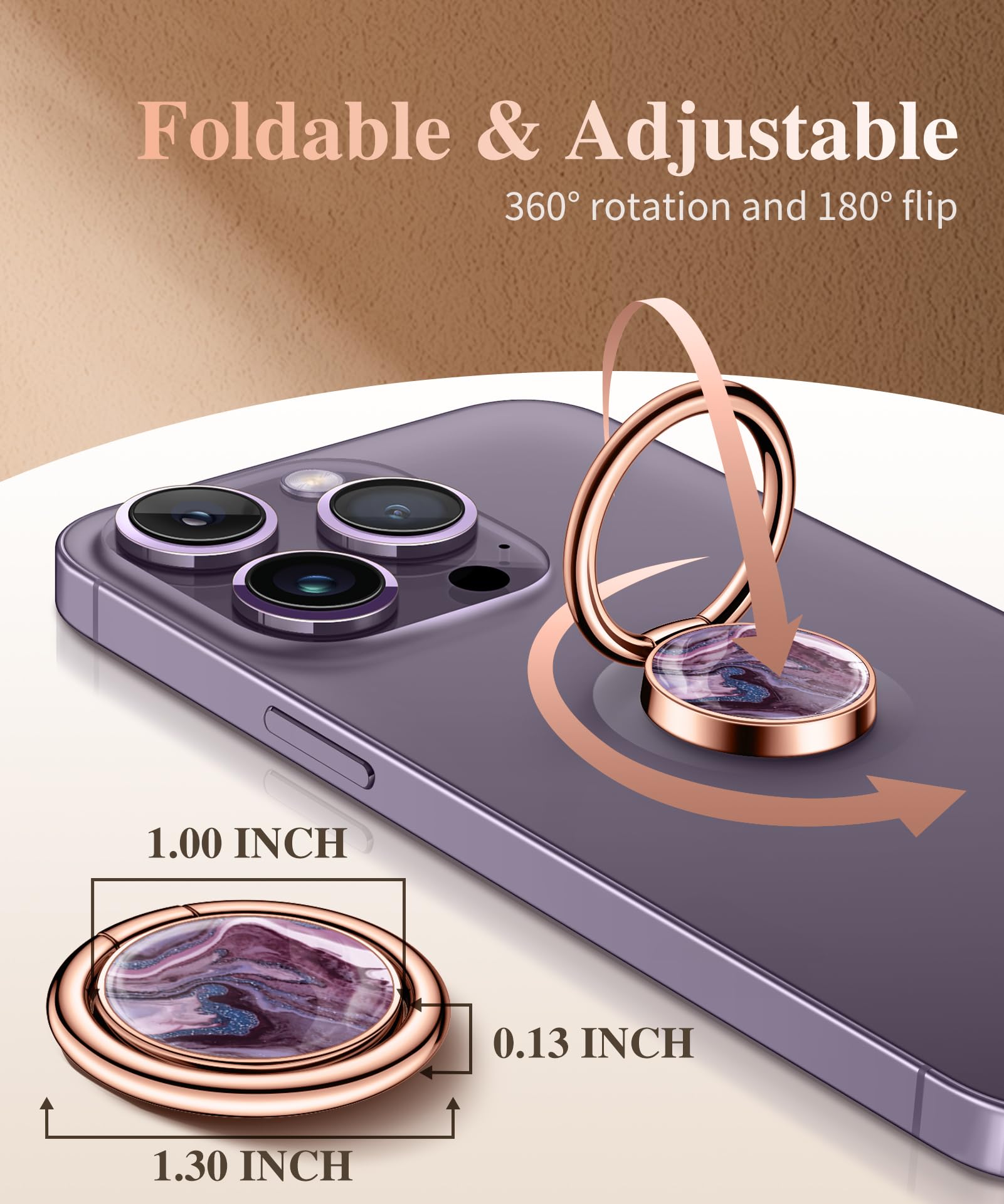 GVIEWIN Marble Phone Ring Holder - Magnetic Car Mount Compatible with iPhone 16 Pro Max/15 Plus/14/13/12 & Galaxy S25/S24 Ultra - Metal Kickstand Grip for Secure Phone Handling (Quicksand/Purple) - Perfect for Driving, Watching Videos & One-Handed Use