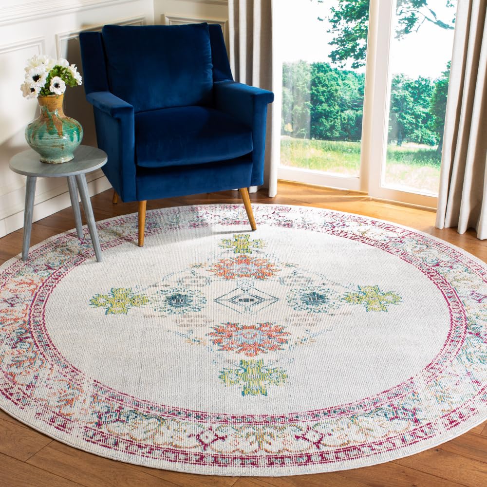 SAFAVIEH Crystal Collection 7' Round Cream/Grey Area Rug - Boho Chic Medallion Design, Non-Shedding & Distressed Texture for Dining Room, Living Room, Bedroom or Entryway | Perfect for Bohemian Home Decor & High Traffic Areas