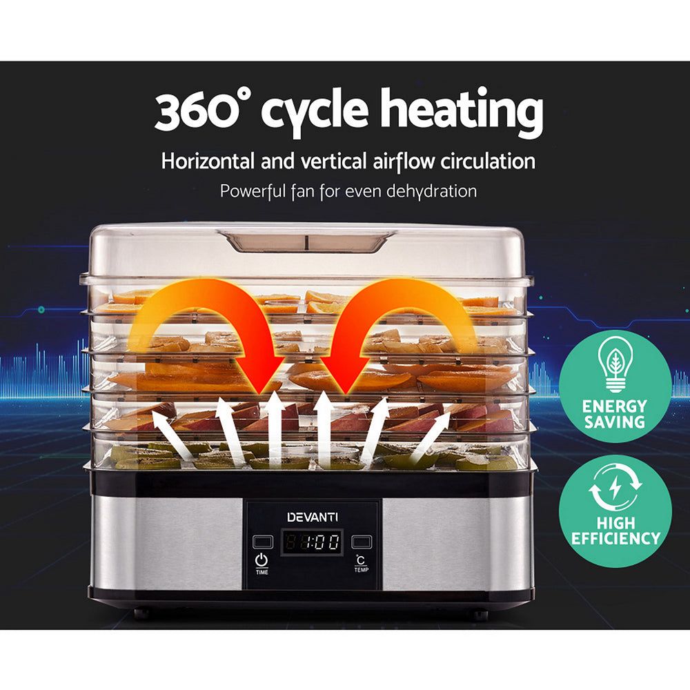 Devanti 5-Tray Food Dehydrator for Fruits, Vegetables & Jerky | Stainless Steel | Perfect for Healthy Snacks, Camping & Meal Prep