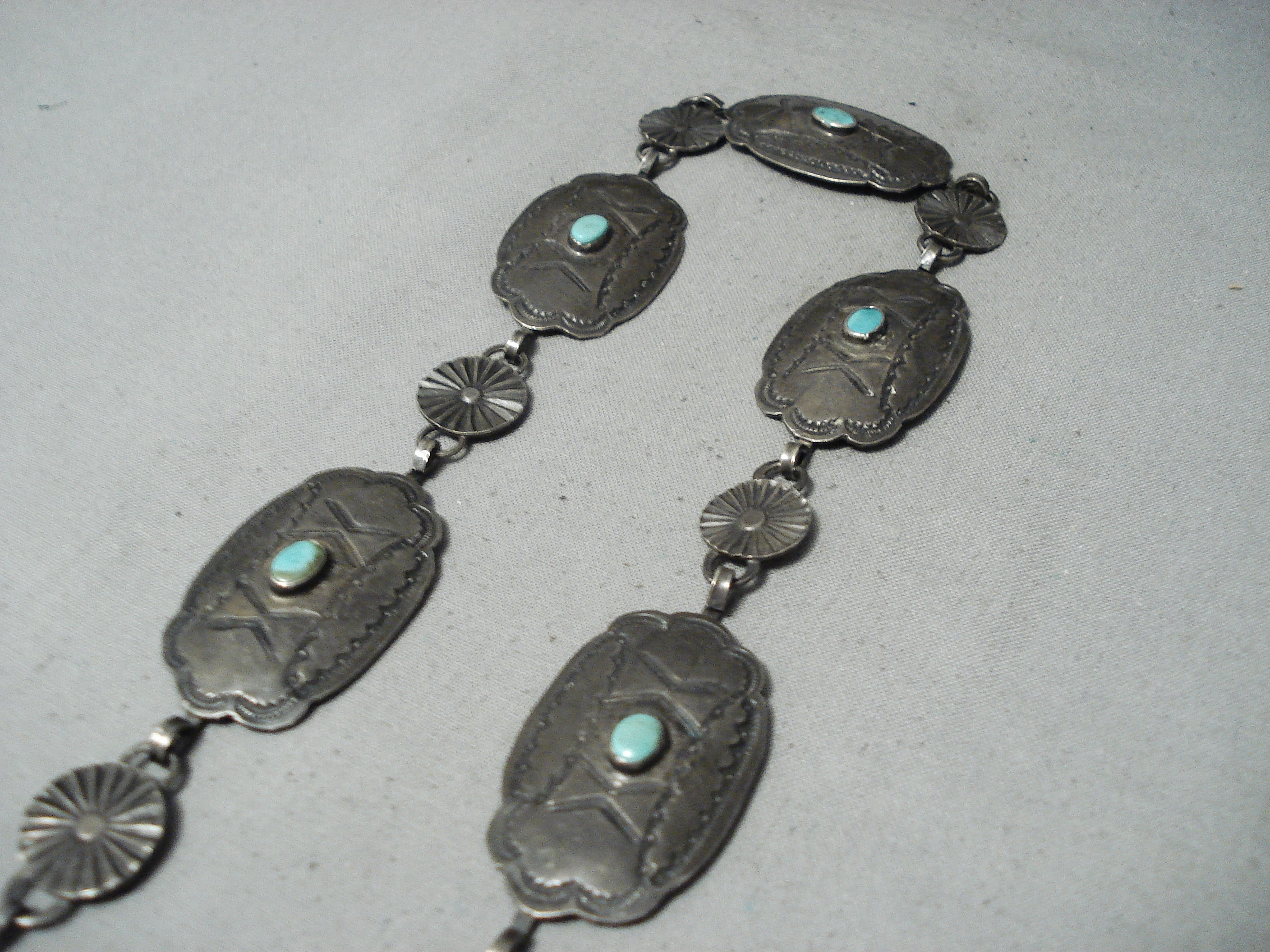 Vintage 1930s Navajo Native American Sterling Silver Concho Belt with Royston Turquoise - Authentic Old West Style for Western Fashion & Costume Accessories