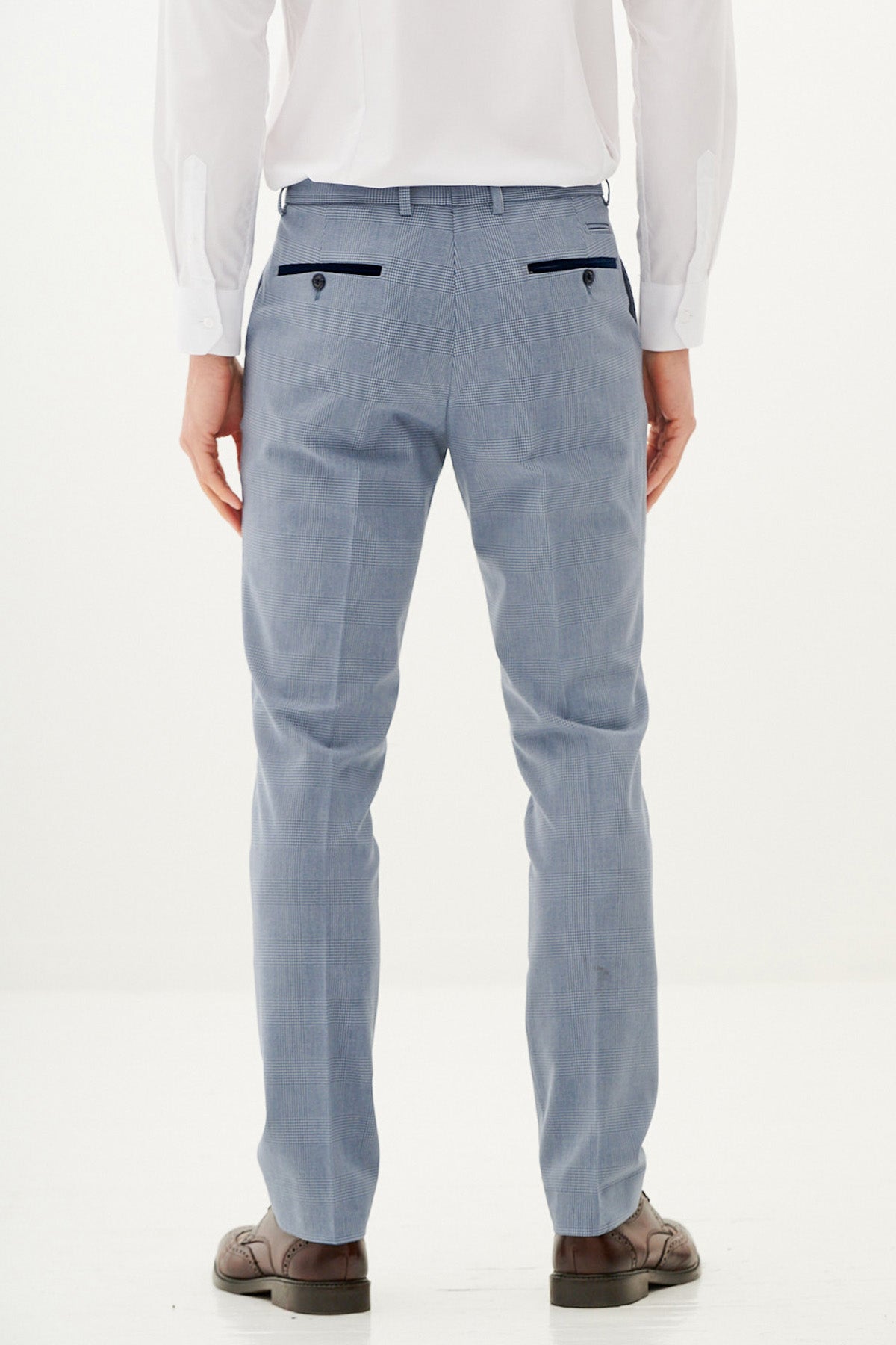 BROMLEY Men's Sky Blue Checkered Dress Pants - Classic Slim Fit Formal Trousers for Office, Business & Wedding Occasions
