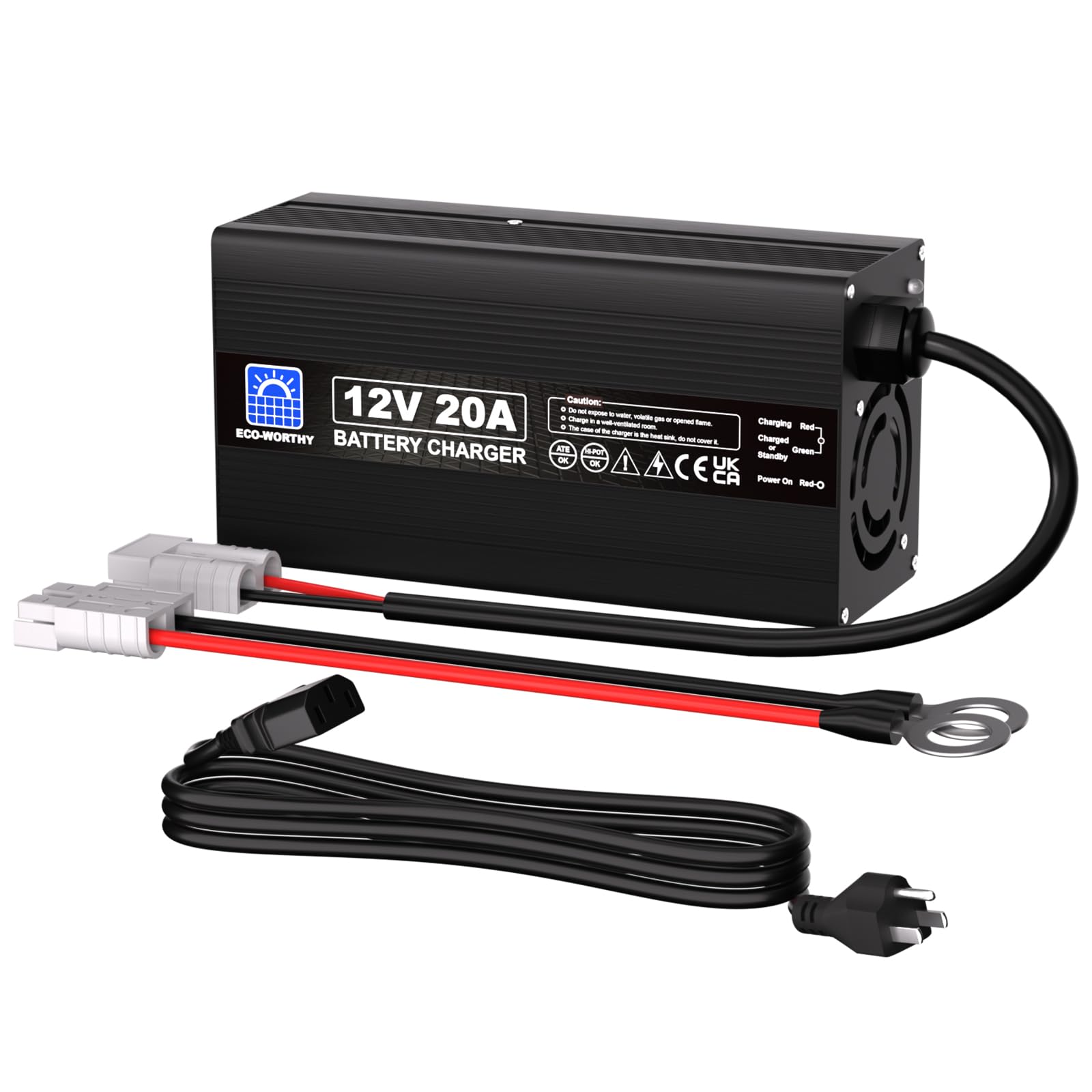 ECO-WORTHY 20A 12V Lithium LiFePO4 Battery Charger - 14.6V Automatic Smart Charger for Deep Cycle Batteries - Perfect for Boats, RVs, Solar Systems & Off-Grid Power Applications