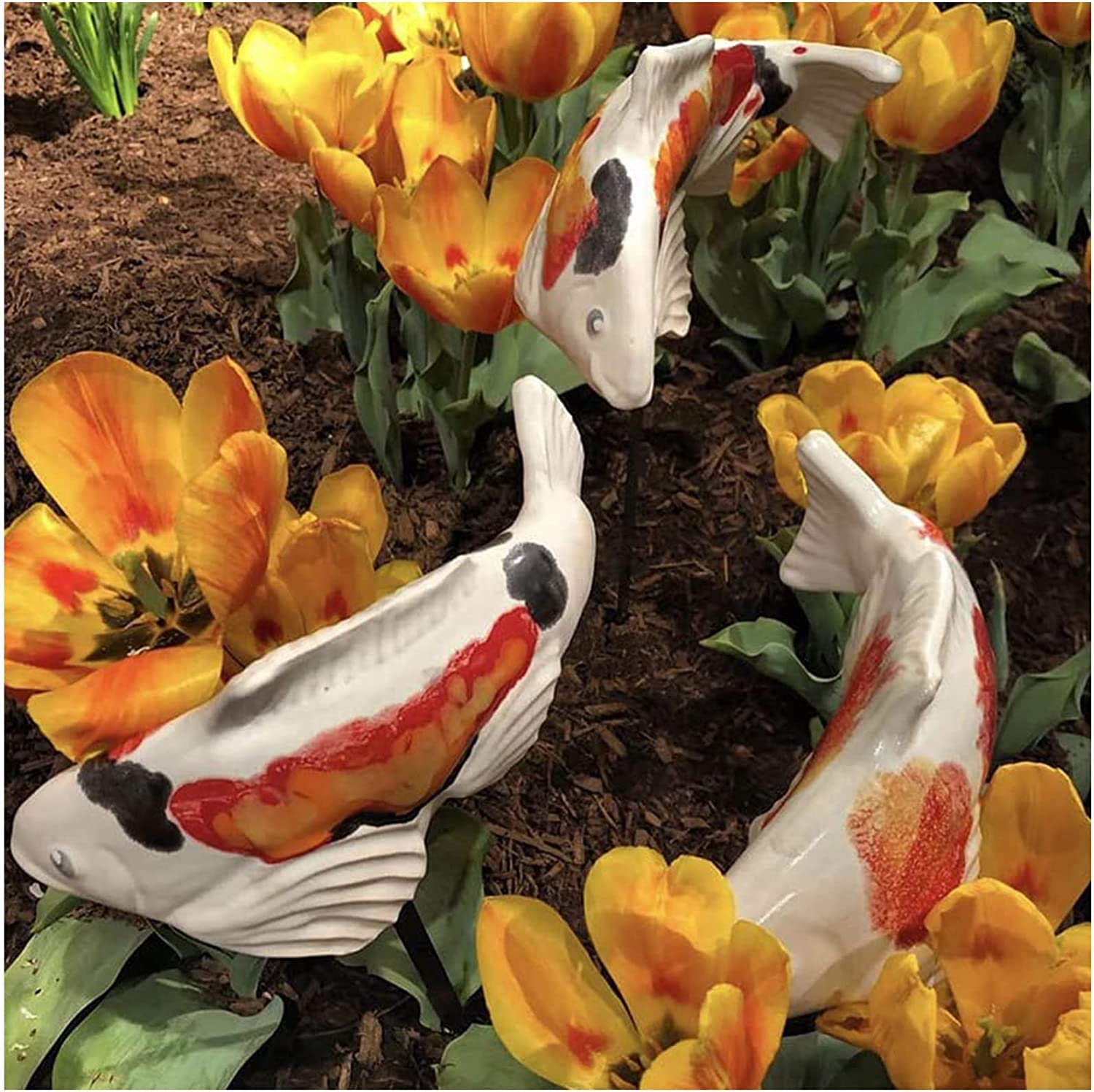 3-Piece Resin Koi Fish Garden Statues with Stakes - Outdoor Lawn, Pond & Water Feature Decorations for Zen, Japanese & Asian-Themed Gardens