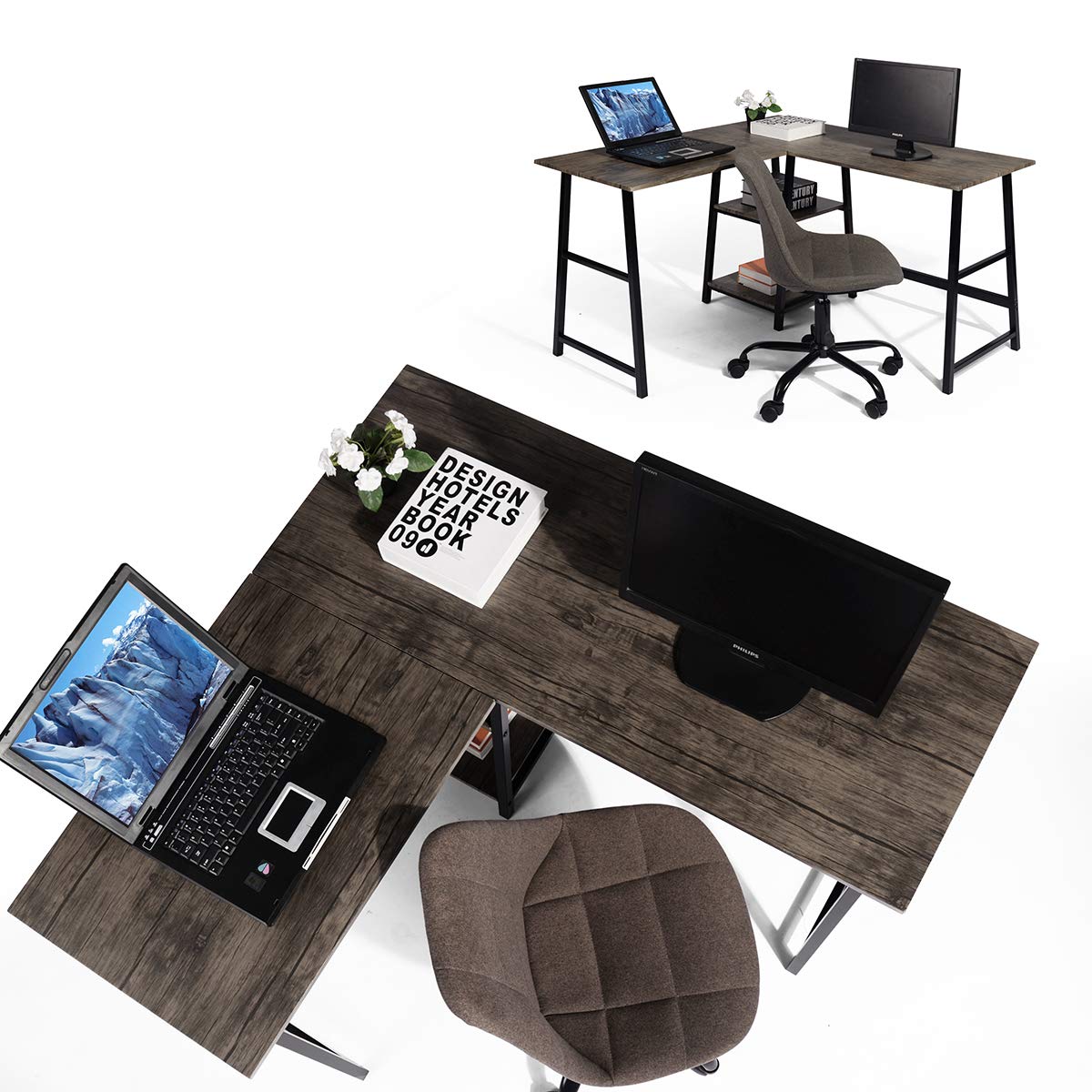 Vintage Brown L-Shaped Corner Computer Desk with Open Shelves - Home Office Workstation for Small Spaces, Gaming & Study