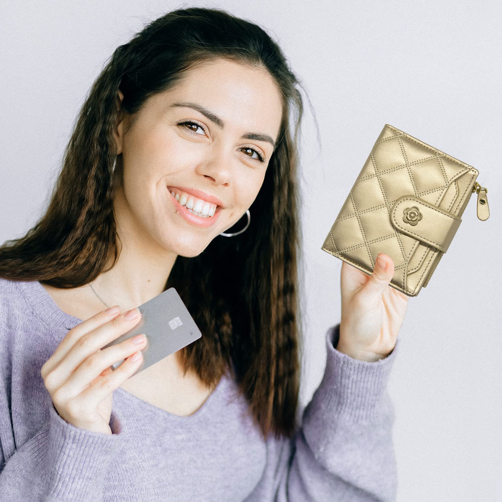 LJCZKA Vegan Leather Women's Wallet - RFID Blocking Bifold Card Holder with Zipper Pocket & ID Window for Cash, Coins & Cards (Gold) | Perfect for Travel, Shopping & Everyday Use