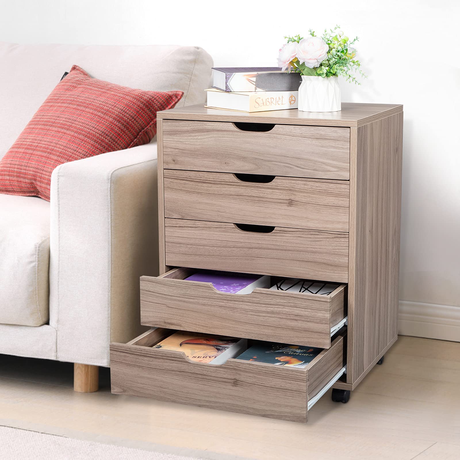 5-Drawer Wooden Filing Cabinet with Wheels - Mobile Storage Organizer for Office, Closet & Home - Grey Oak Dresser Cabinet for Documents, Supplies & Clothing Storage