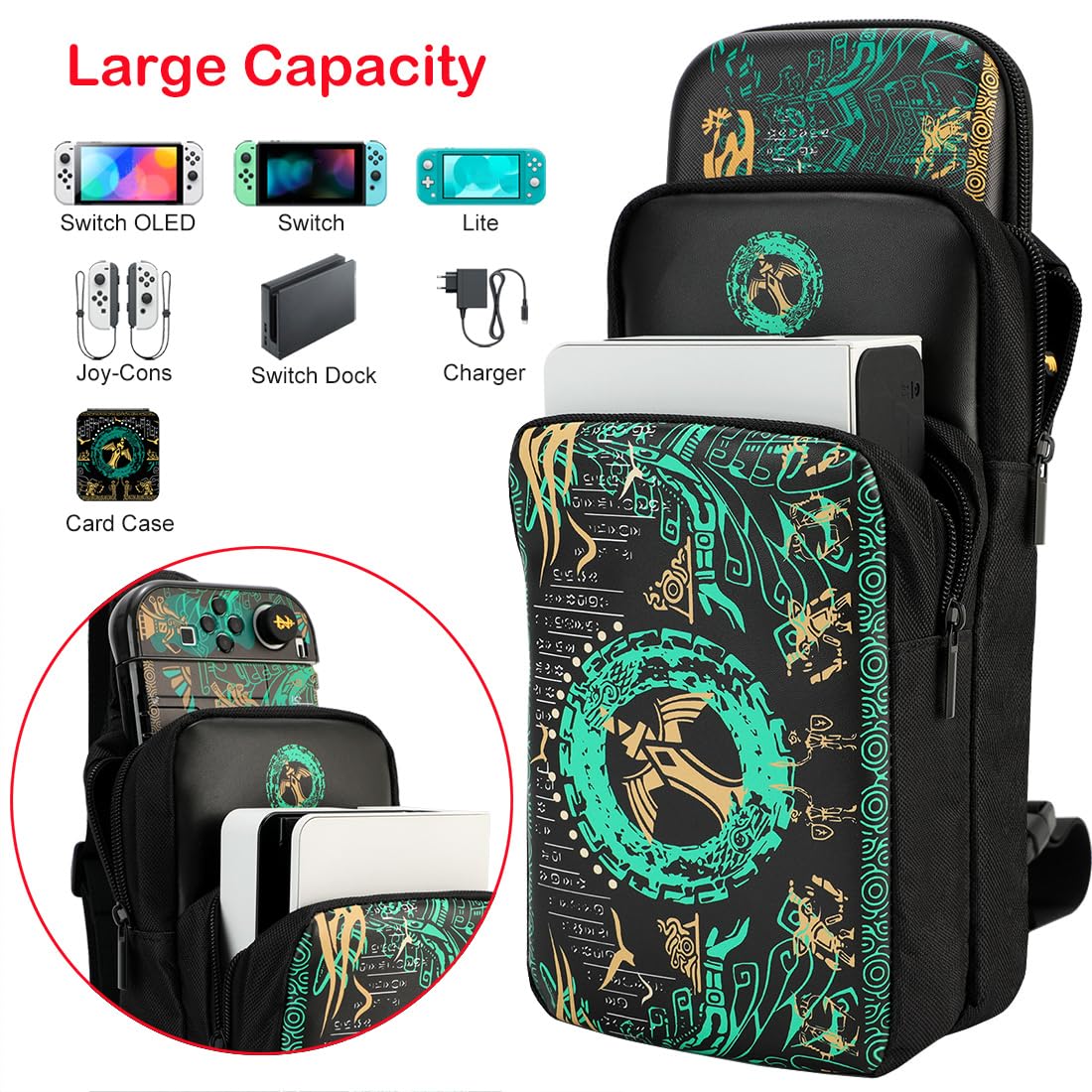 Nintendo Switch/Lite/OLED Travel Bag - Portable Sling Shoulder Crossbody Carrying Case with Game Card Storage & 4 Thumb Grip Caps | Perfect for Zelda Tears of the Kingdom & On-the-Go Gaming Accessories