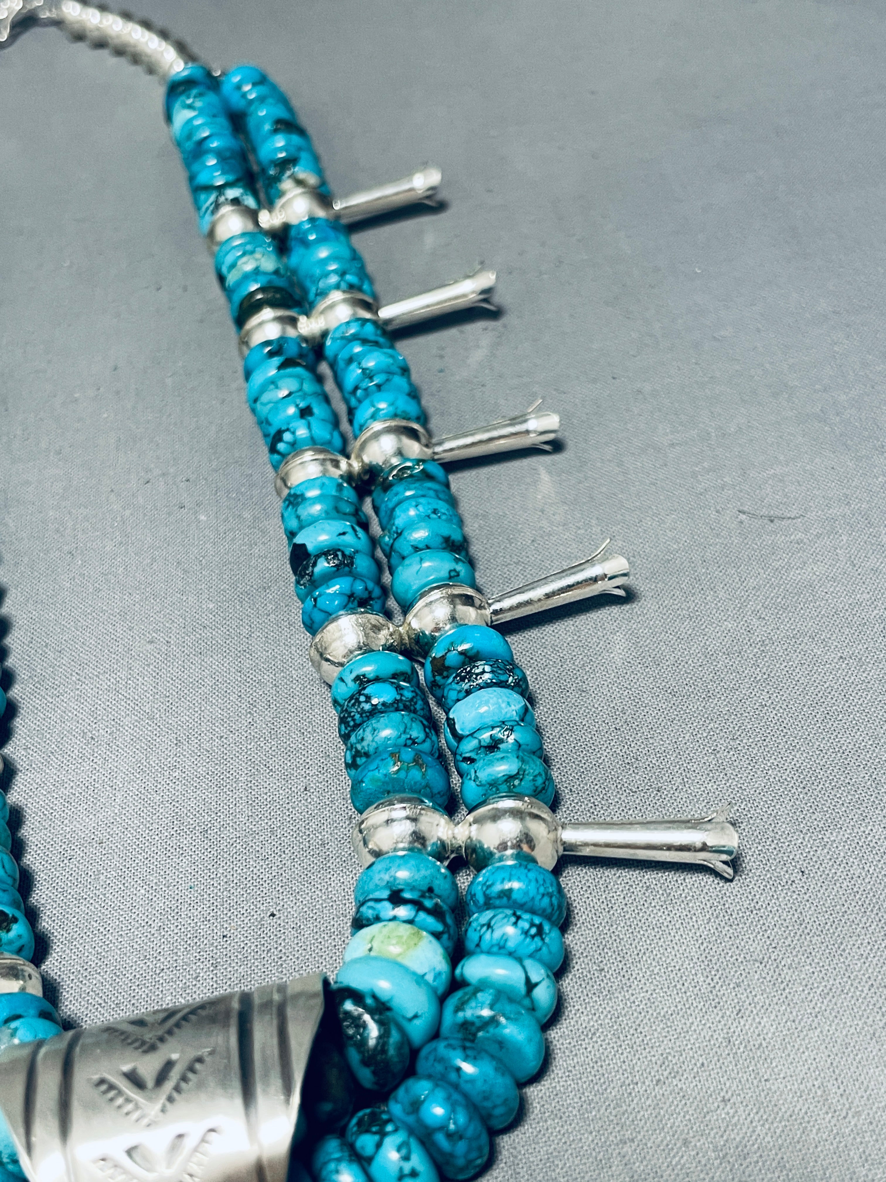 202 Gram Authentic Native American Navajo Turquoise Sterling Silver Squash Blossom Necklace - Handcrafted Jewelry for Women, Boho Fashion & Special Occasions
