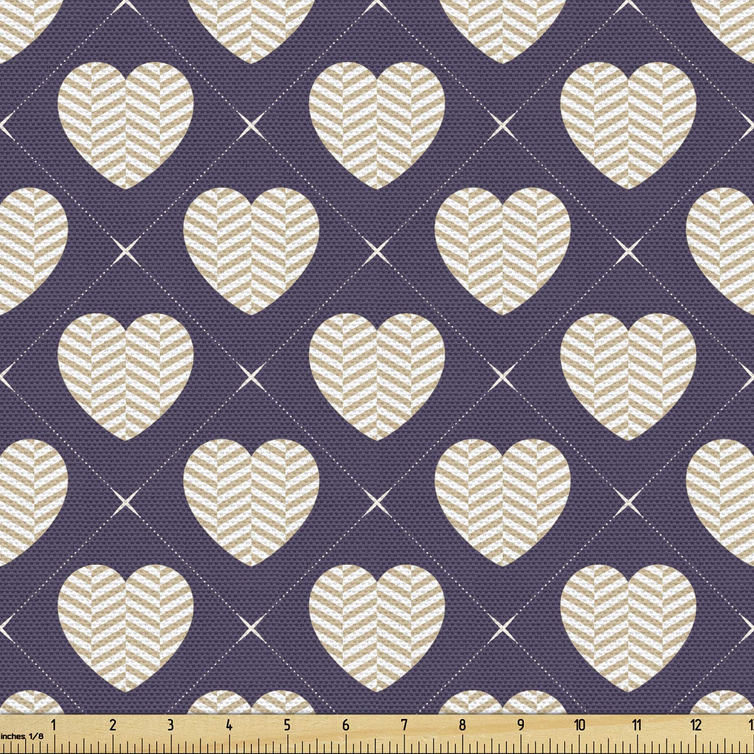 Ambesonne Romantic Heart Wavy Stripes Geometric Retro Fabric by The Yard - 10 Yards Eggplant & Beige - Upholstery & Home Decor Fabric for Bedding, Curtains, DIY Crafts (Perfect for Bohemian & Vintage Style Home Decor)
