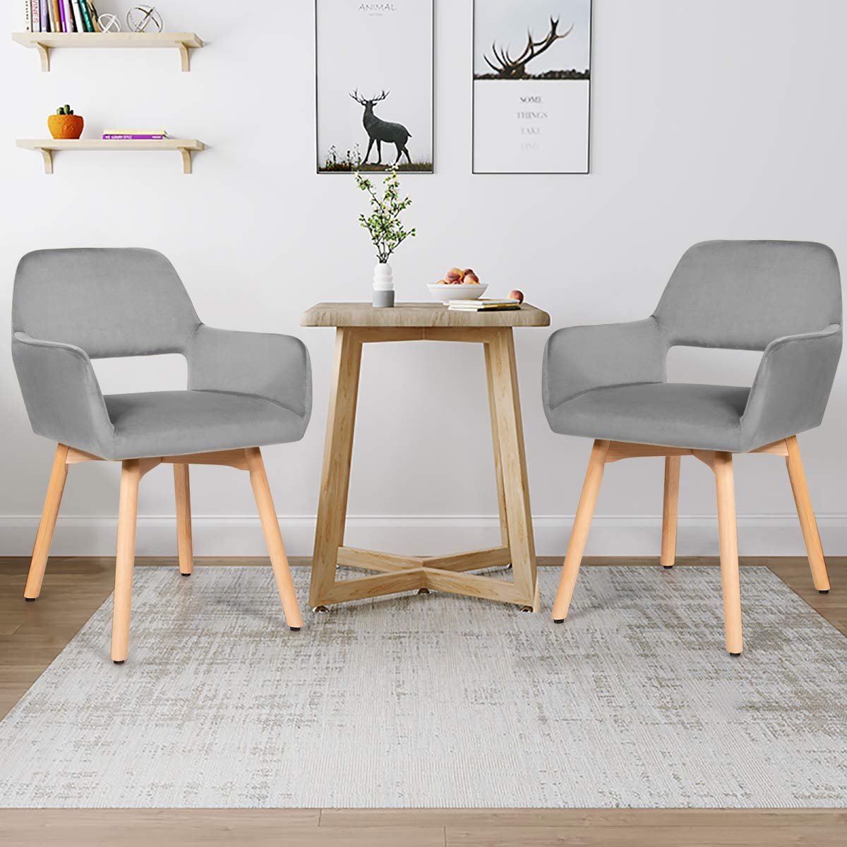 Giantex Set of 2 Velvet Dining Chairs with Wood Legs - Modern Accent Chairs for Living Room, Bedroom & Dining Room - Non-Slip Foot Pads & X-Shaped Support - Comfortable Cute Armchair (Light Grey) - Perfect for Small Spaces, Apartments & Home Decor