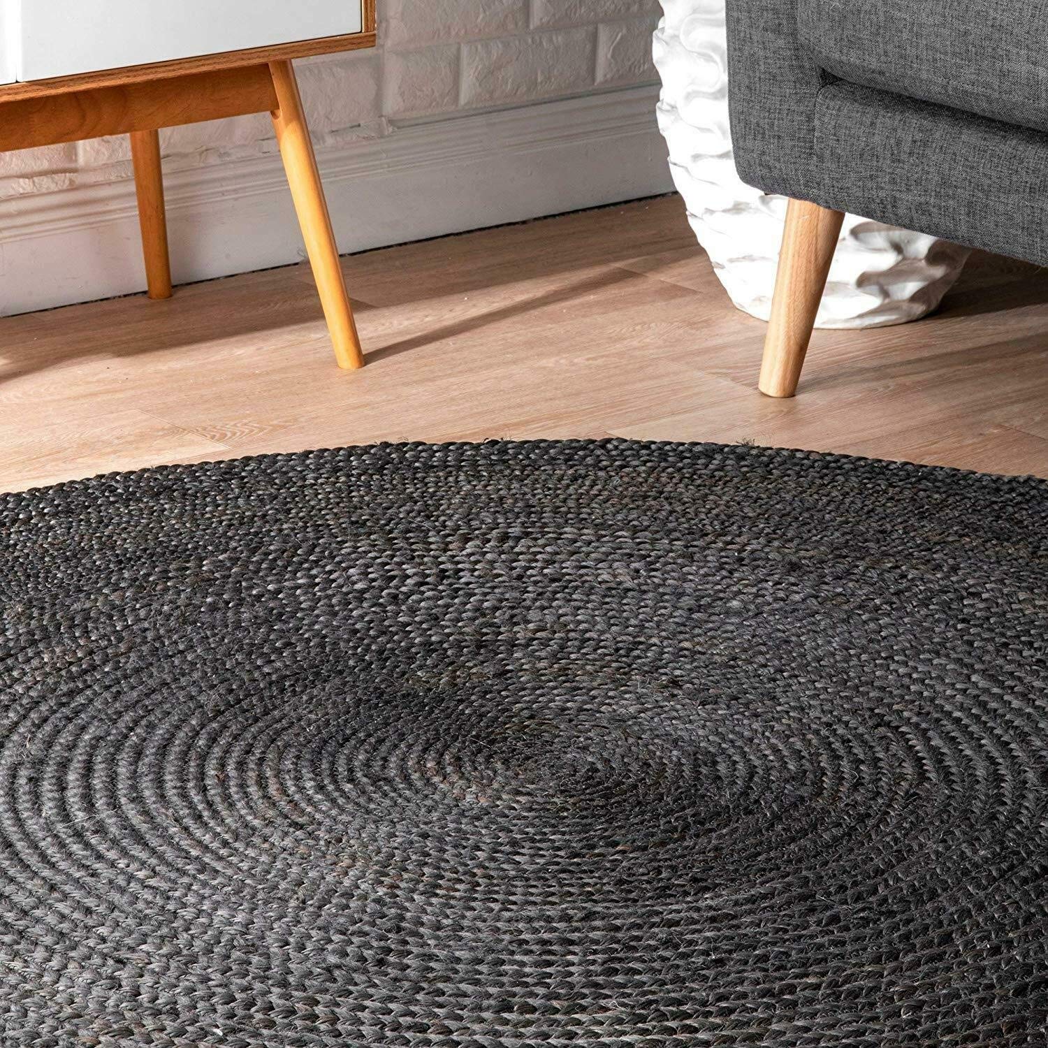 Handwoven Black Jute Round Area Rug - 9x9 Feet Farmhouse Style Braided Rug for Living Room, Bedroom, Kitchen | Eco-Friendly Natural Fiber Floor Mat for Boho Decor, Cozy Home & Pet-Friendly Spaces