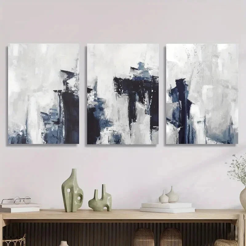 3-Piece Abstract Blue and Gray Oil Painting Metal Wall Art - Ready to Hang Modern Home Decor for Living Room, Bedroom & Office