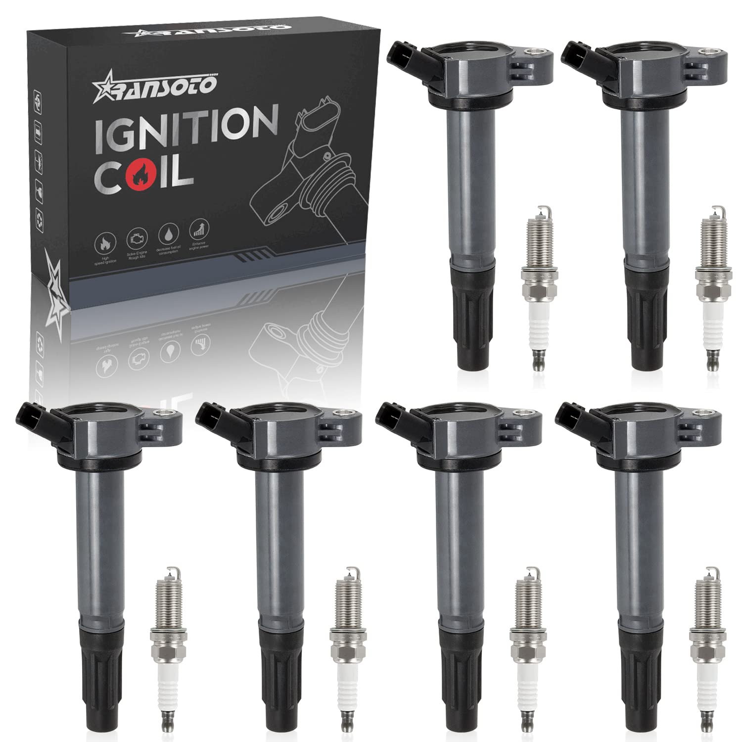 High Performance Ignition Coil Pack UF487 & Iridium Spark Plug Set of 6 - Compatible with Toyota Sienna, Avalon, Camry, Venza, RAV4, Highlander & Lexus RX450h, ES350, IS350 3.5L (2008-2015) - Perfect for Engine Tune-Up, Fuel Efficiency & Smooth Acceleration
