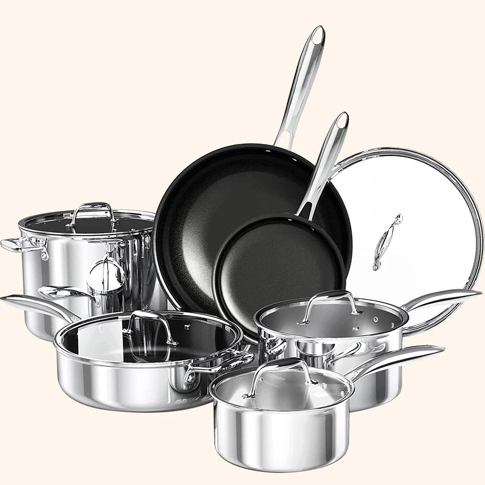 11-Piece Nonstick Stainless Steel Cookware Set - Premium Fully Clad Pots and Pans for Professional Cooking & Home Kitchen Use