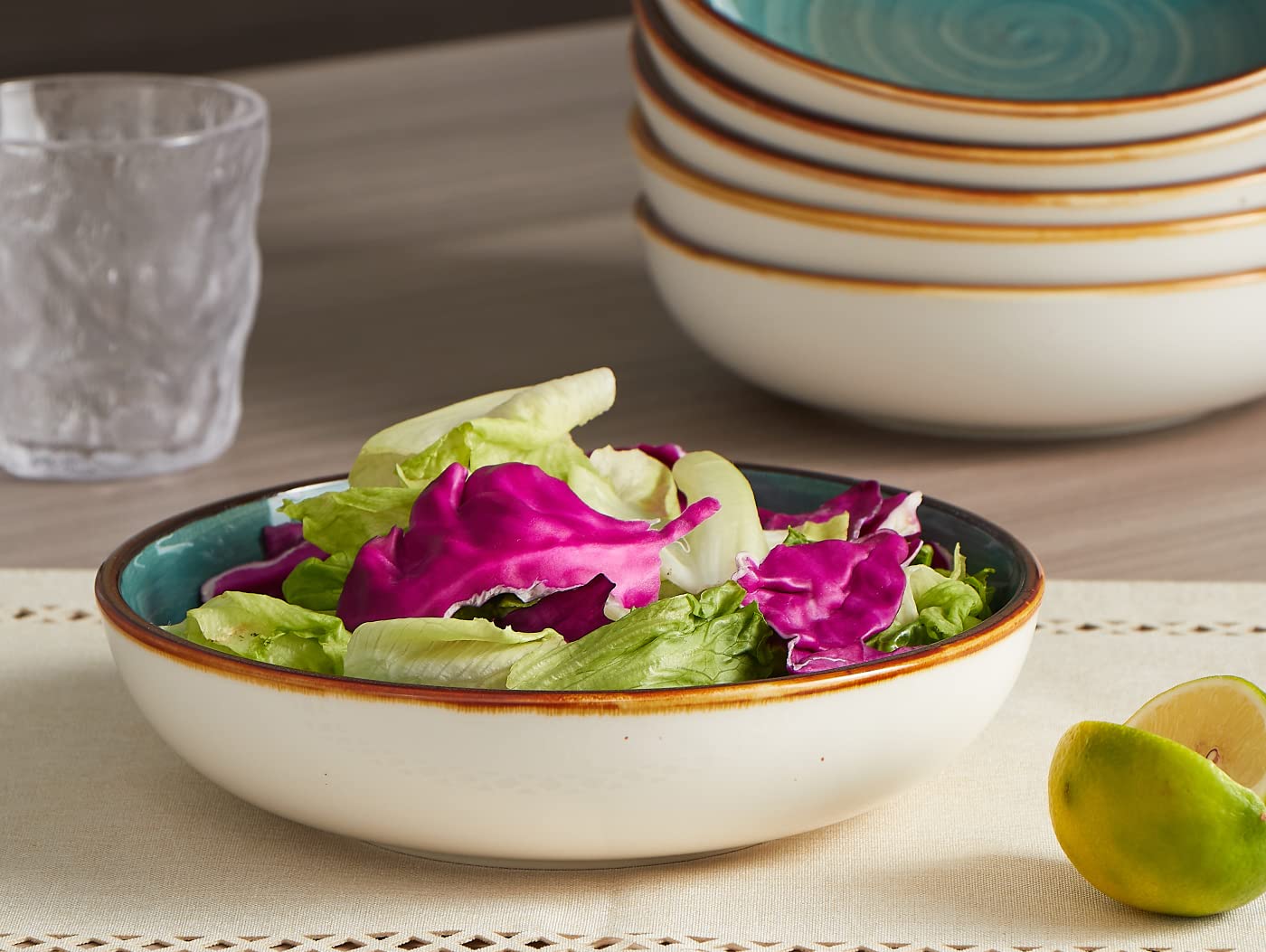 ONEMORE 10.5 Inch Ceramic Dinner Plates Set with 30oz Salad Bowls - Microwave, Oven & Dishwasher Safe - Durable Teal Blue Tableware for Everyday Dining, Parties & Restaurant Use