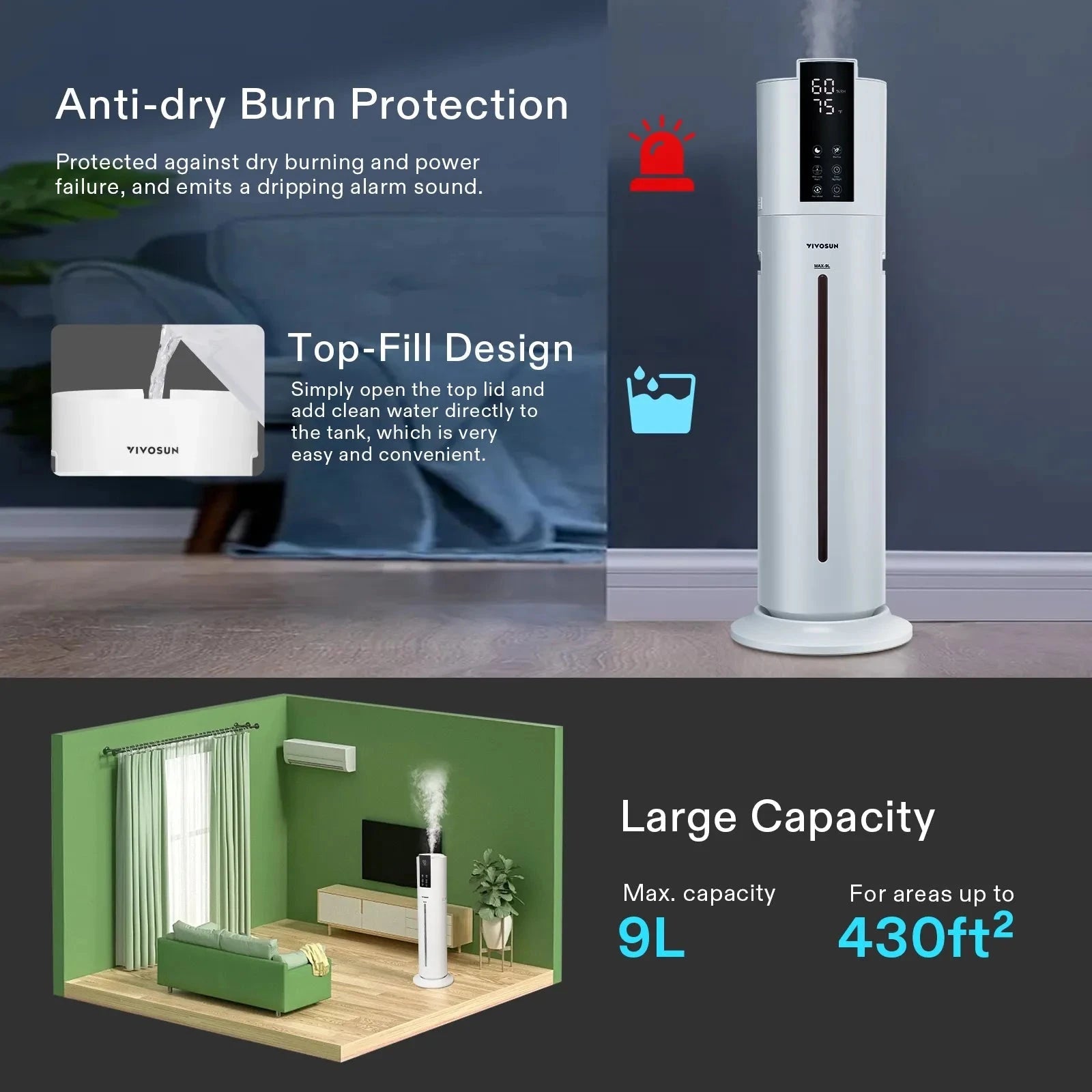 VIVOSUN 9L 2-in-1 Top Fill Cool & Warm Mist Humidifier for Home, Bedroom, Office - Quiet Ultrasonic Air Humidifier with Essential Oil Diffuser for Dry Air Relief