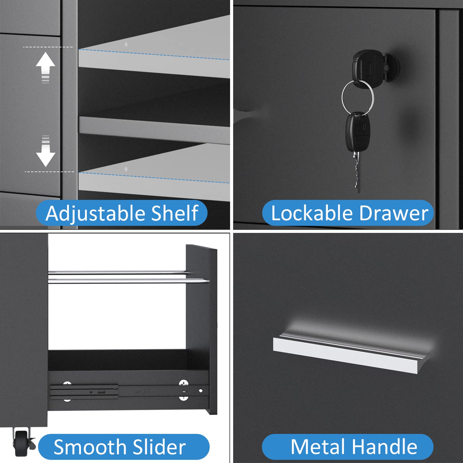 JUMMICO 3-Drawer Mobile File Cabinet - Wooden Lateral Filing Cabinet with Lock, Printer Stand & Adjustable Storage Shelves for Home Office Organization | Perfect for Documents, Office Supplies & Workspace Storage
