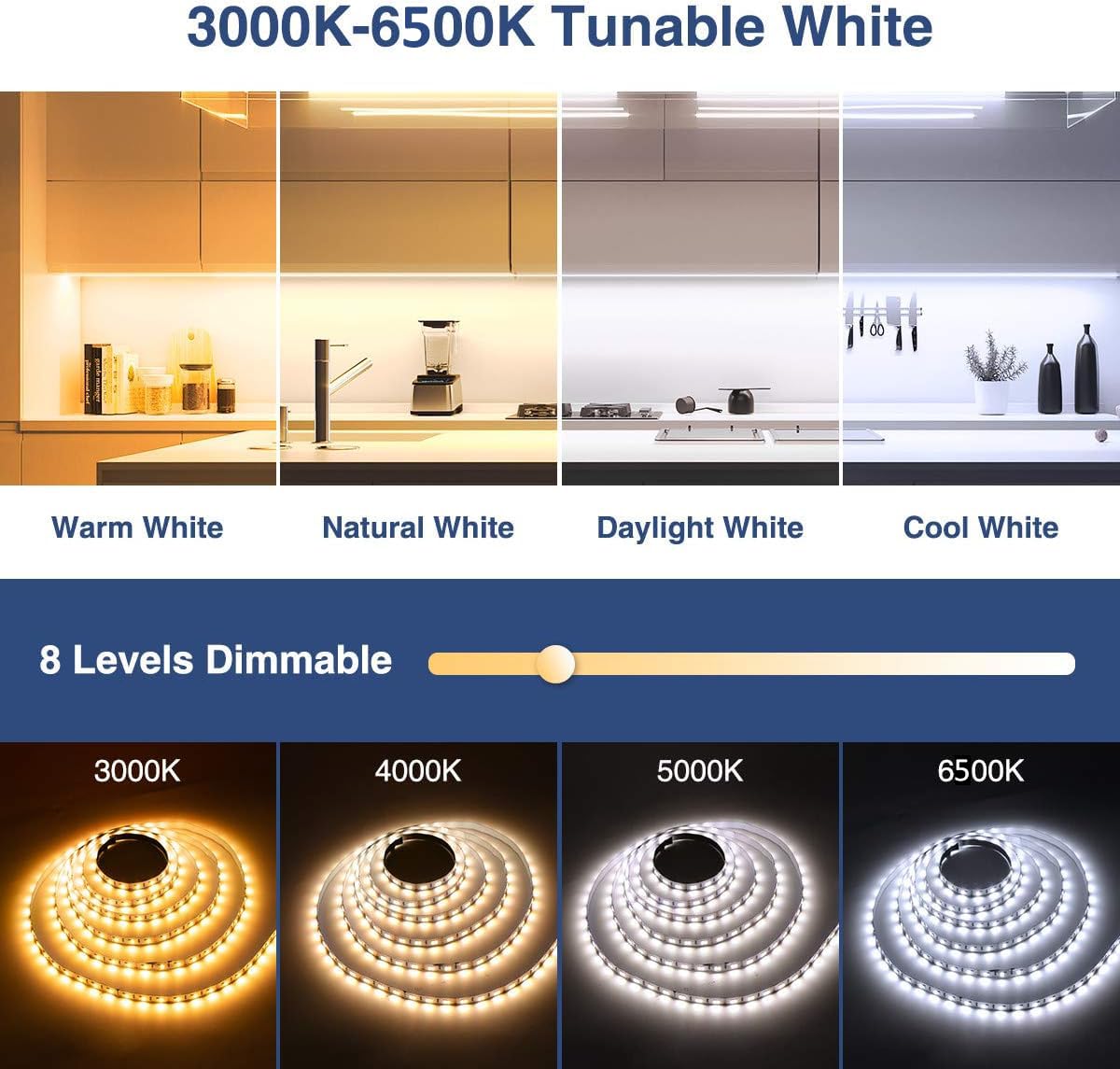 52.5ft LED Strip Lights 24V Dimmable 3000K-6000K Color Changing, Flexible 2835 LED Tape with Remote Control - Perfect for Kitchen Under Cabinet, Mirror Room, Indoor Home Lighting (Daylight & Warm White)