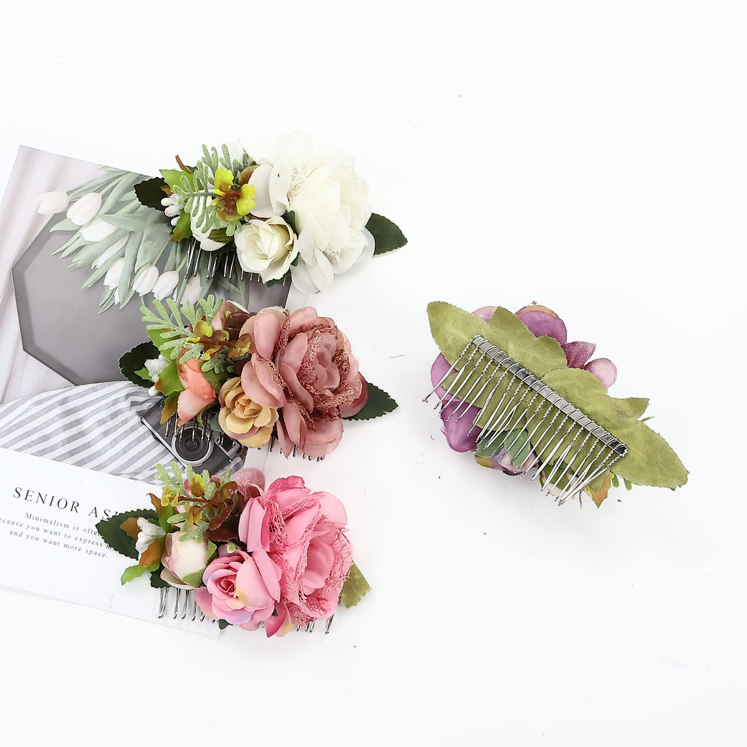 Cinaci 4 Pack Metal Hair Side Combs with Artificial Rose Flowers - Wedding Bridal Hair Clips, Floral Hairpins & Barrettes for Women, Bridesmaids & Flower Girls - Perfect for Weddings, Proms & Special Occasions