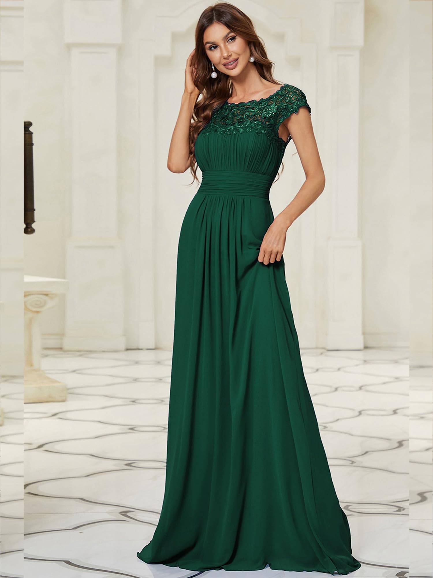 Ever-Pretty Women's Elegant Cap Sleeve Ruched Lace Chiffon Evening Gown - Formal Party Dress for Prom, Wedding, Cocktail & Special Occasions