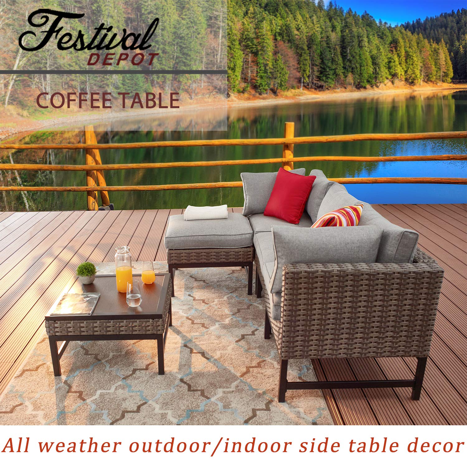 Festival Depot Patio Coffee Table - Square Metal Frame with Wicker & Wood Grain Top Rattan Outdoor Furniture for Bistro, Deck, Garden & Poolside Relaxation