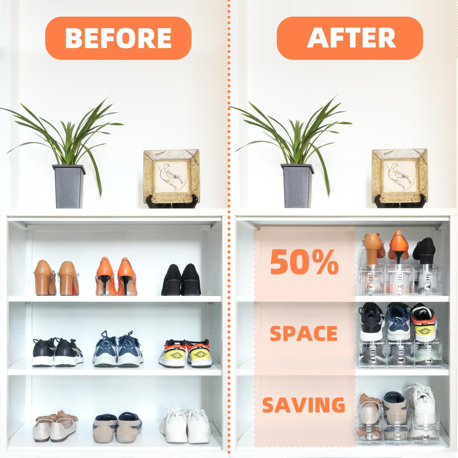 12PCS Adjustable Double Layer Shoe Rack Organizer - Space Saving Transparent Shoe Storage for Closet & Entryway - Stackable Shoe Holder for Sneakers, Heels & Boots