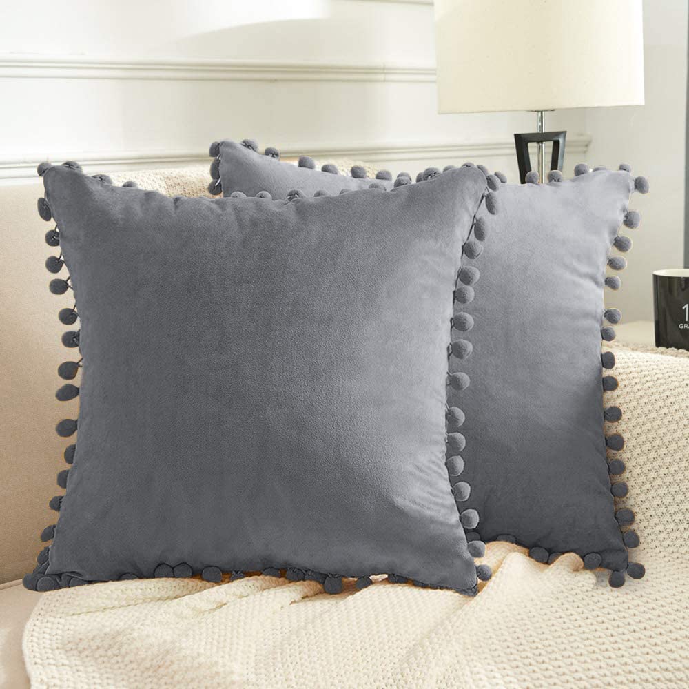 BeBen Decorative Throw Pillow Covers with Pom Poms - 2 Pack Soft Velvet Square Cushion Covers (20x20 Inches, Grey) for Sofa, Bed, Car & Outdoor Use - Perfect for Home Decor, Living Room & Cozy Spaces