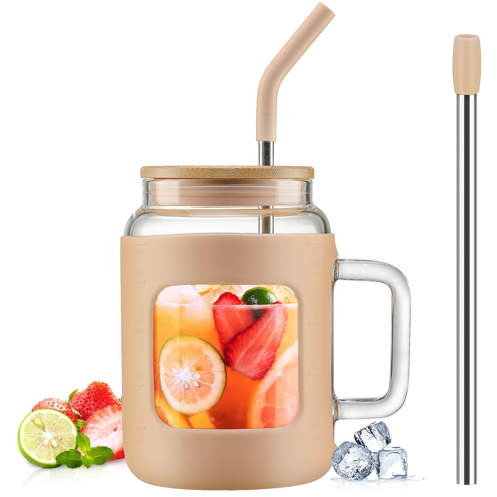 32 oz Glass Tumbler with Bamboo Lid & Straw - BPA Free Amber Water Bottle with Time Marker, Handle & Silicone Sleeve - Perfect for Iced Coffee, Tea, Smoothies & Office Hydration