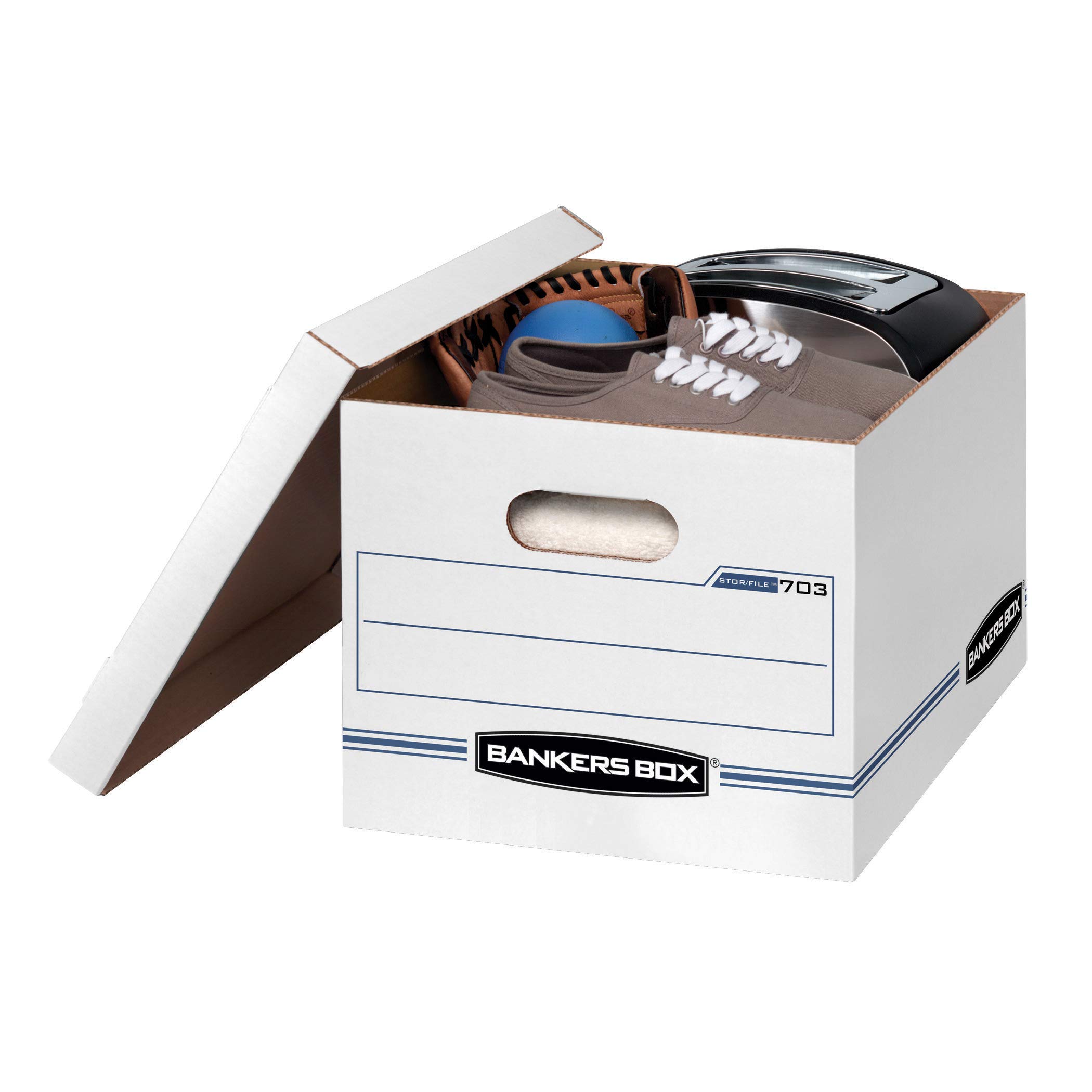 Fellowes 00702 Medium-Duty Storage Boxes with Lift-Off Lid - Legal Size, 12 Pack | Bankers Box STOR/FILE File Storage Boxes with Lids - White/Blue, Letter/Legal Size (12