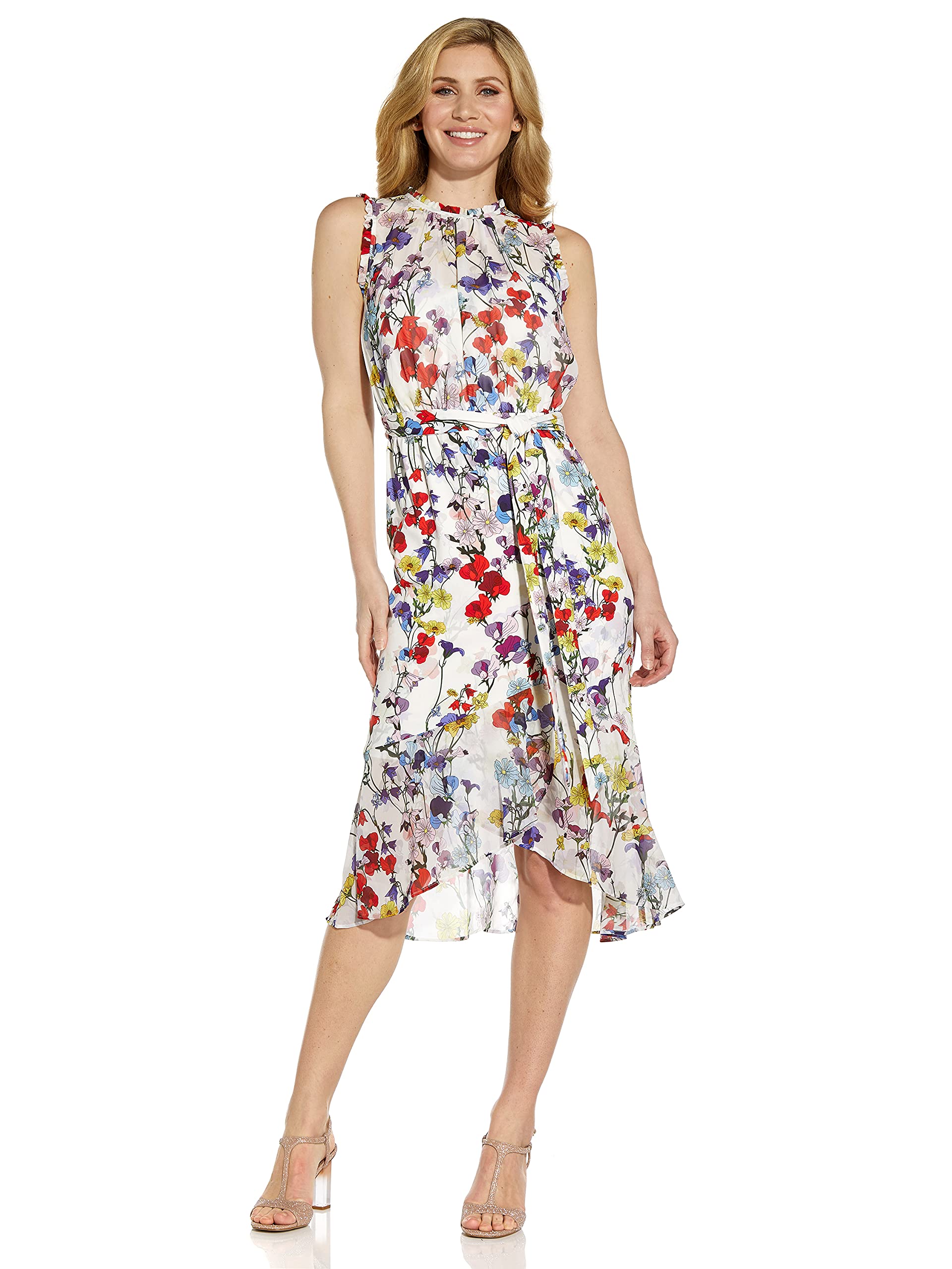 Adrianna Papell Women's Floral Print Wrap Dress - Elegant V-Neck A-Line Midi Dress for Wedding, Party & Special Occasions